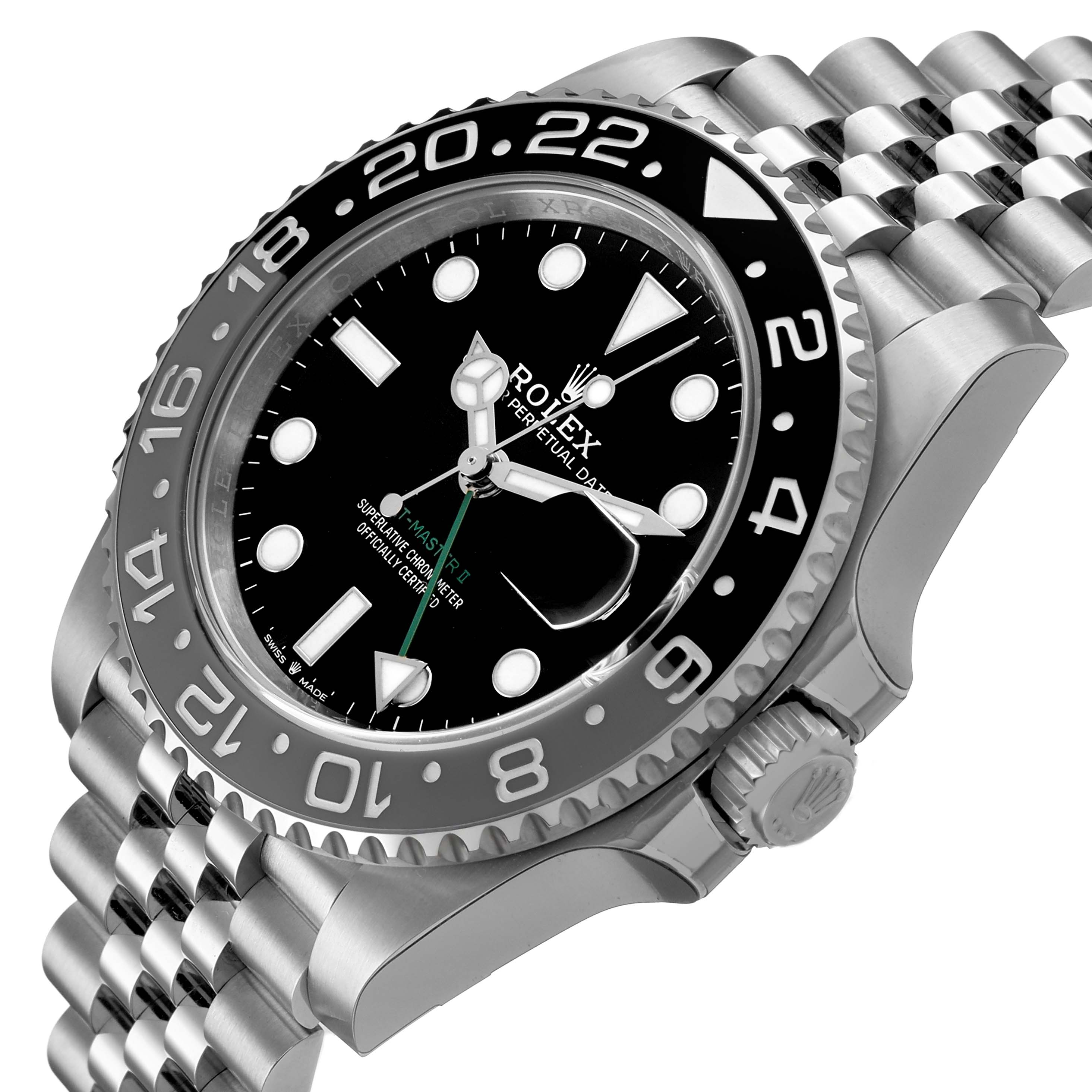 The Rolex GMT-Master 126710GRNR Men's Stainless Steel Black Dial watch is shown from a front right angle, displaying the bezel, crown, and part of the bracelet.