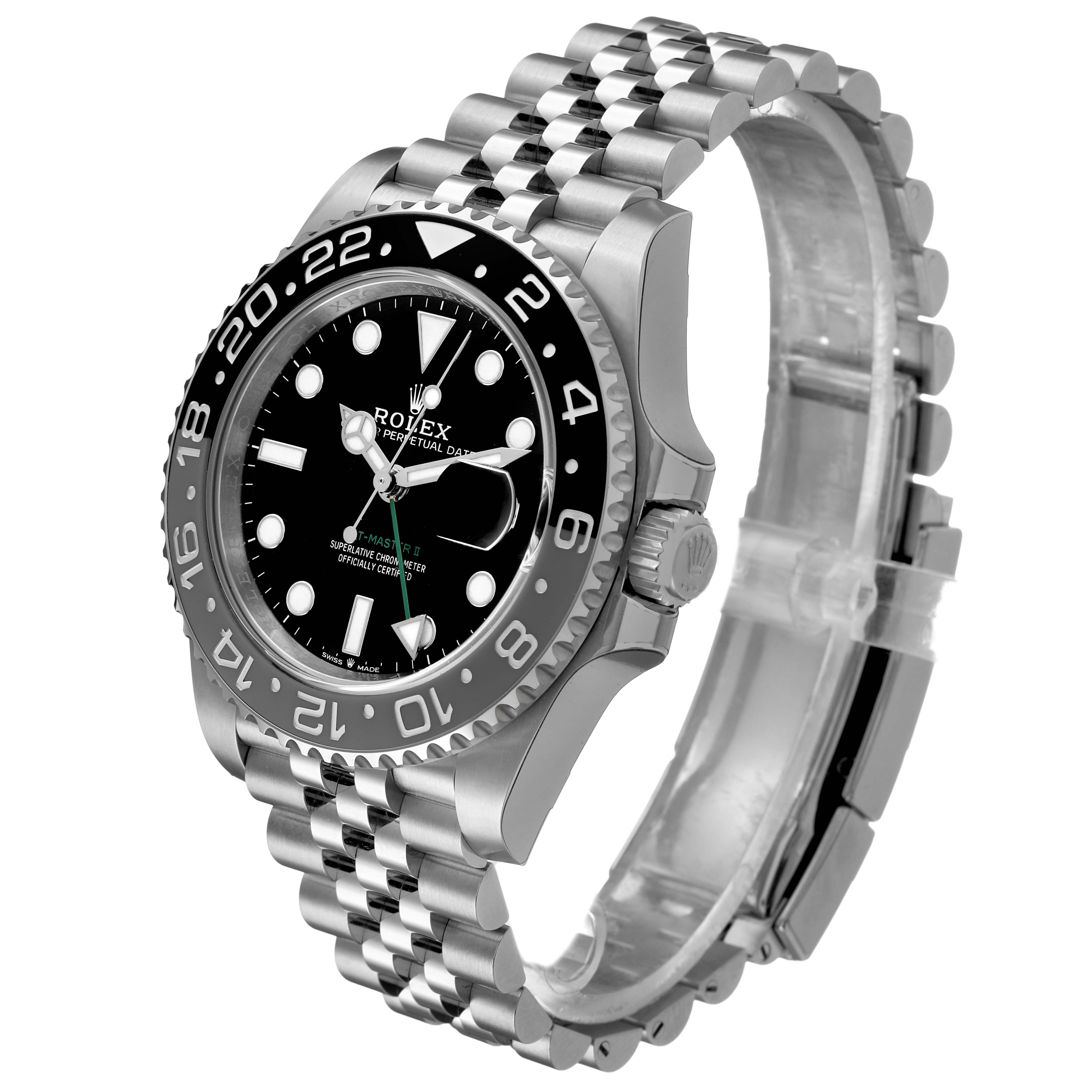 The Rolex GMT-Master 126710GRNR Men's Stainless Steel Black Dial watch is shown at a three-quarter angle, displaying the bezel, dial, and bracelet.