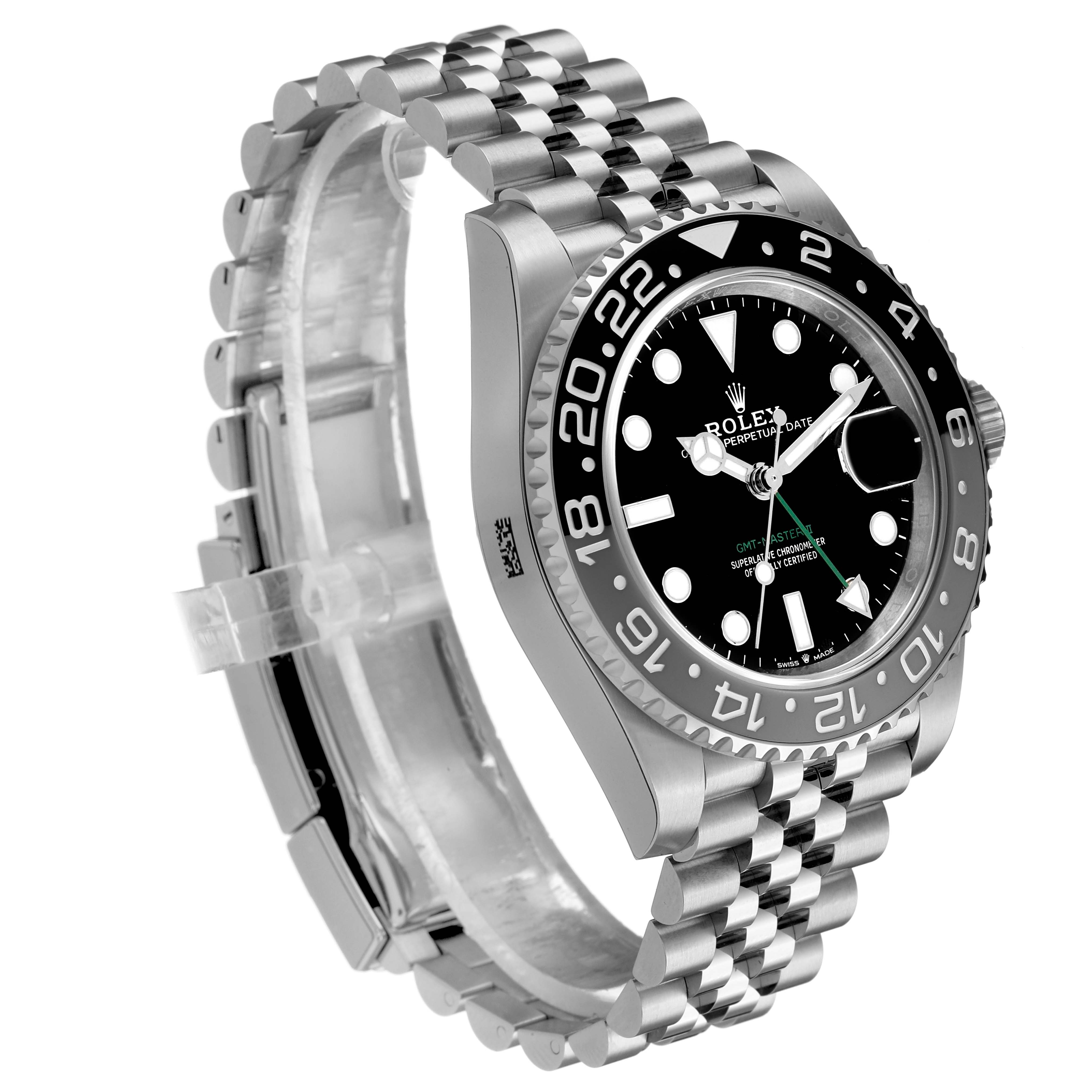The Rolex GMT-Master 126710GRNR Men's Stainless Steel Black Dial watch is shown at a side angle, highlighting the bezel, dial, and bracelet.