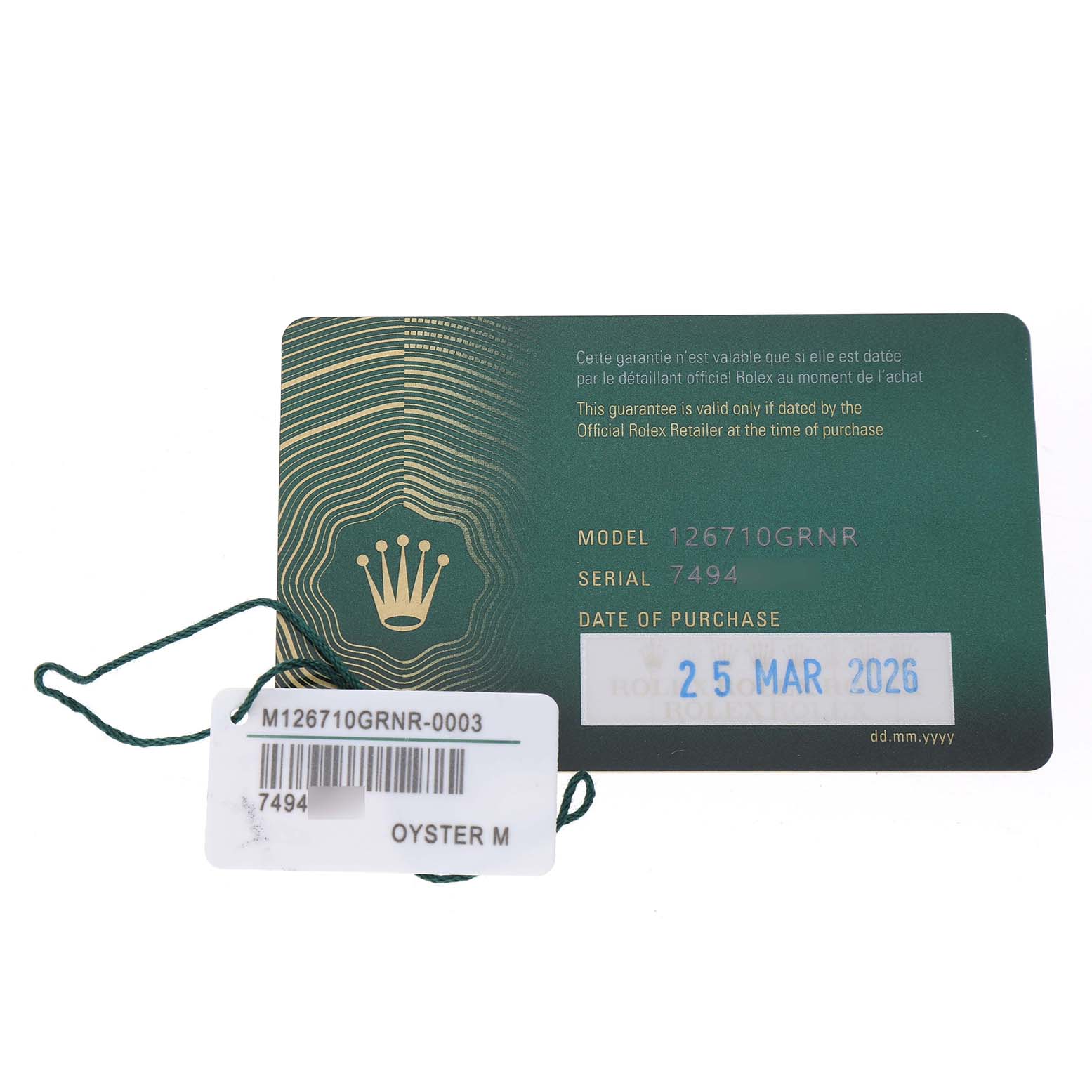 The image shows the warranty card for a Rolex GMT-Master 126710GRNR Men's Stainless Steel Black Dial model with its model and serial number, alongside a tag with barcodes.