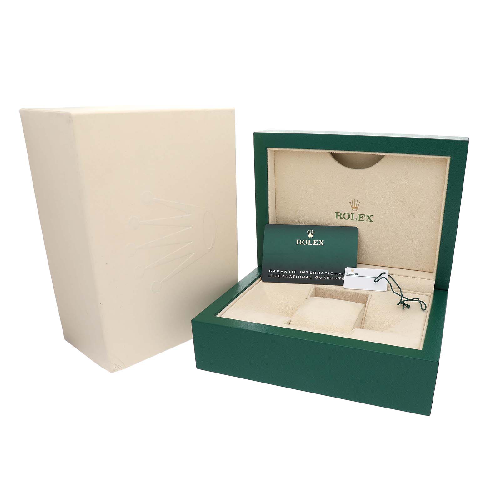 The image shows the packaging for a Rolex GMT-Master 126710GRNR Men's Stainless Steel Black Dial, including a green box, warranty card, and tag.