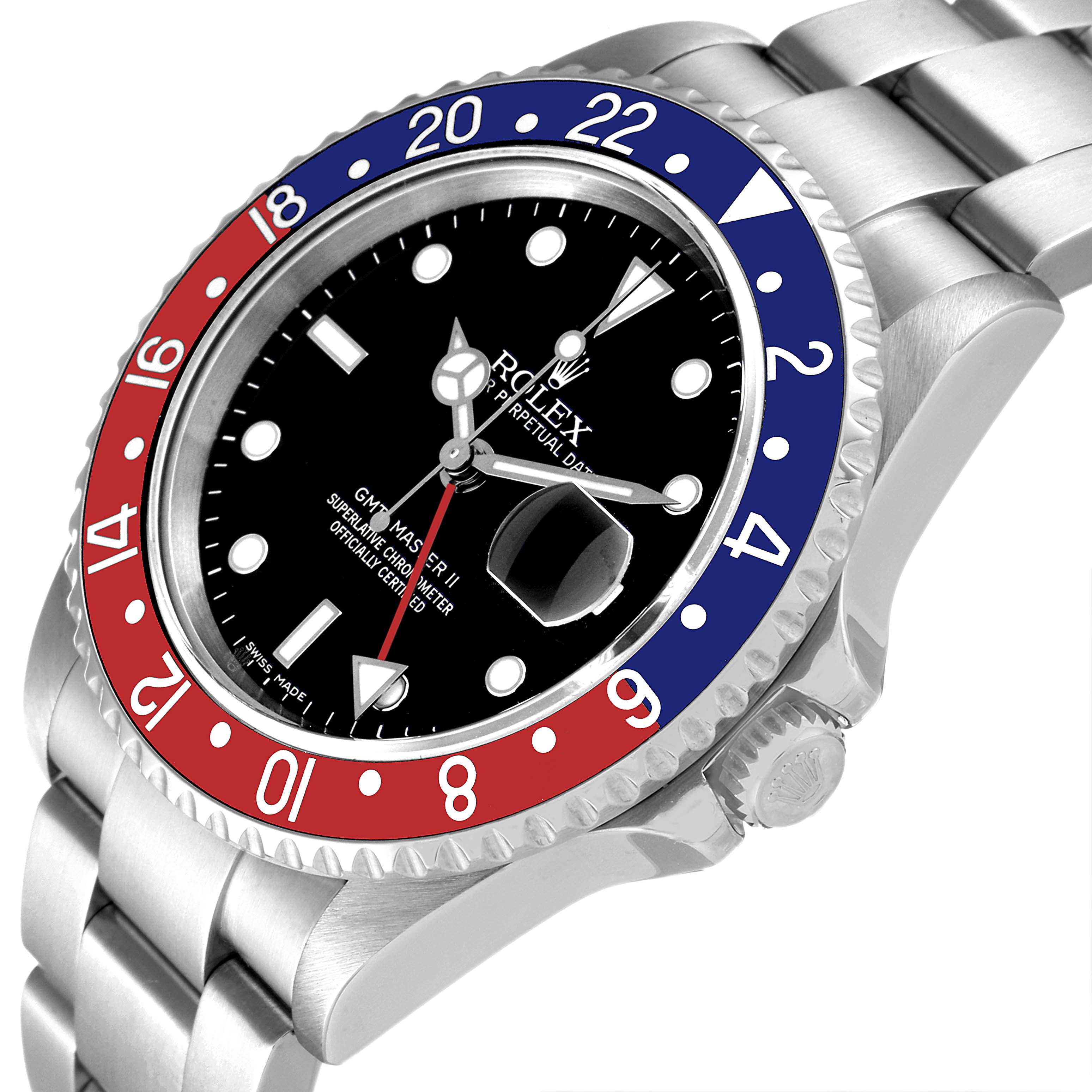 The image shows a side-angle view of a Rolex GMT-Master 16710 Men's Stainless Steel Black Dial 16710 Men's Stainless Steel Black Dial watch, highlighting the face, bezel, crown, and part of the bracelet.