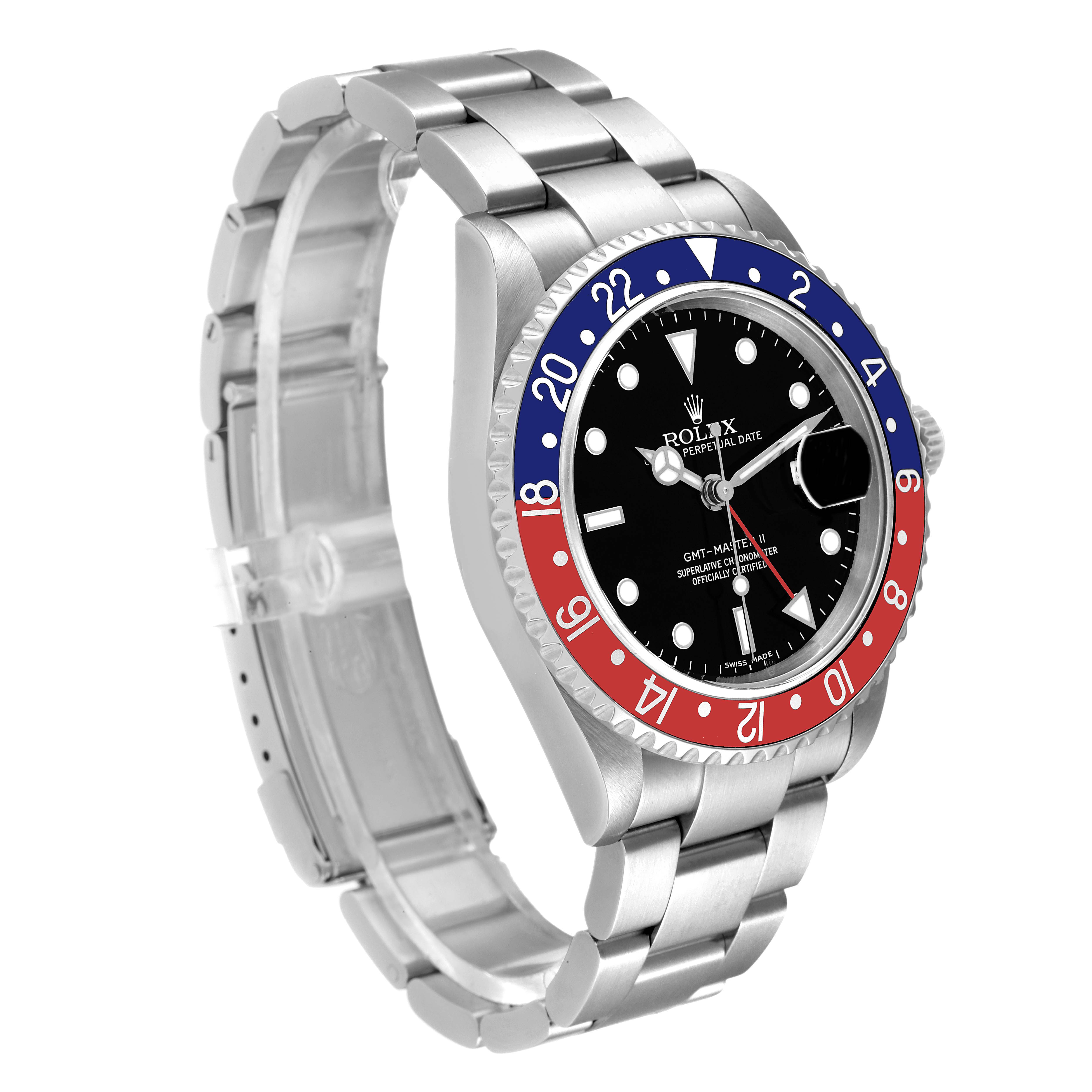 The Rolex GMT-Master 16710 Men's Stainless Steel Black Dial 16710 Men's Stainless Steel Black Dial watch is shown at a three-quarter angle, displaying the bracelet, bezel, and face.