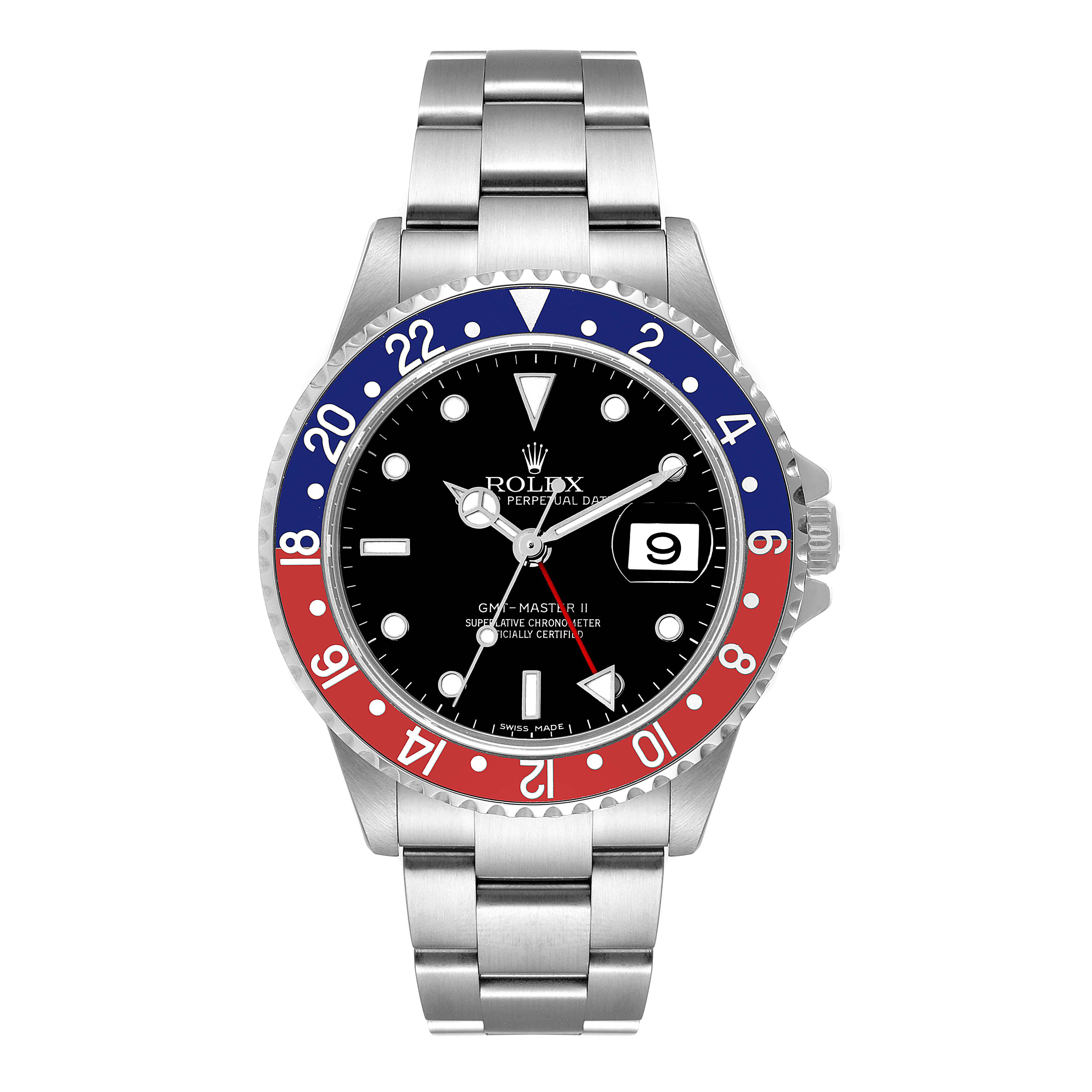 The image shows a Rolex GMT-Master 16710 Men's Stainless Steel Black Dial 16710 Men's Stainless Steel Black Dial II watch from a front angle displaying its bezel, dial, and bracelet.