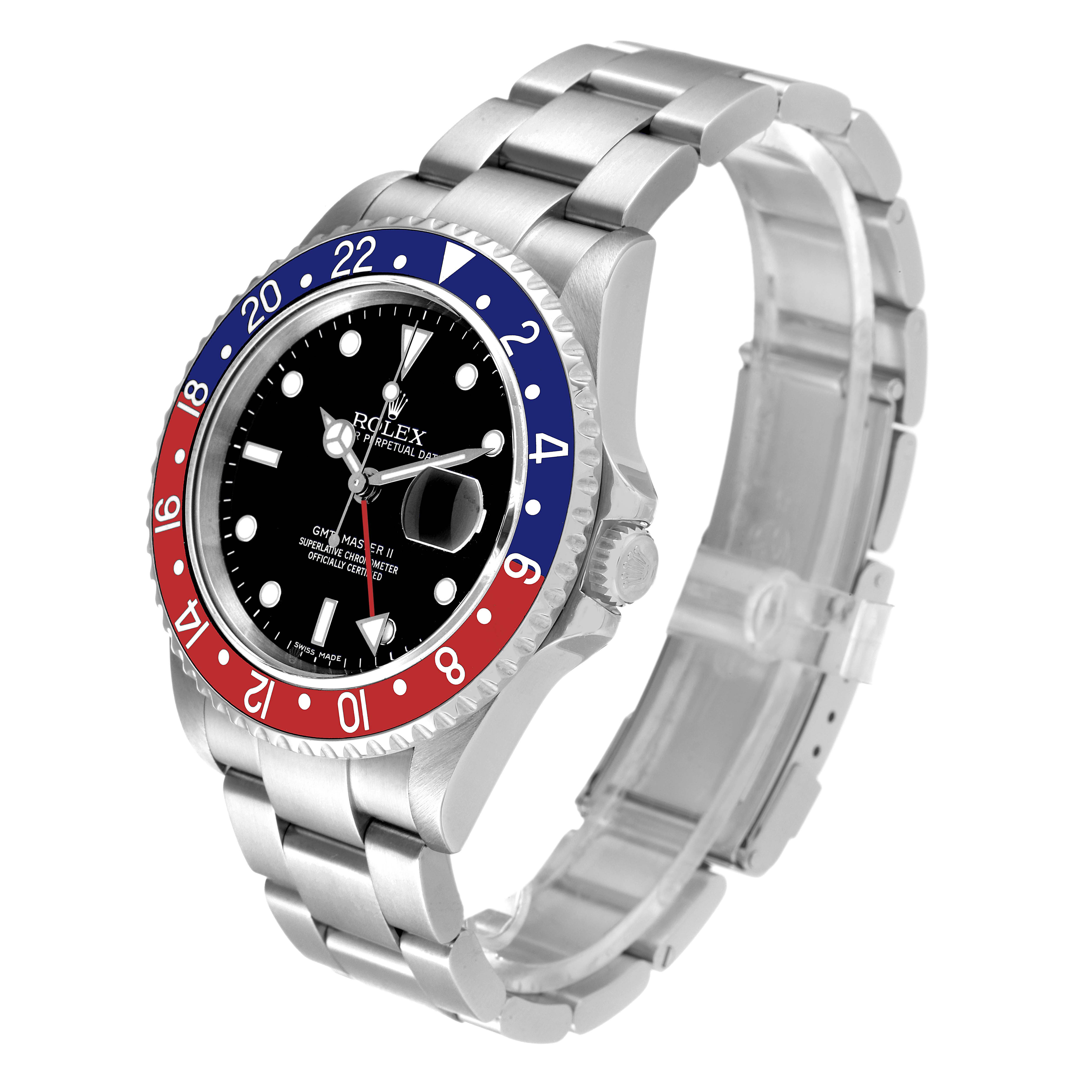 The image shows a Rolex GMT-Master 16710 Men's Stainless Steel Black Dial 16710 Men's Stainless Steel Black Dial watch at a three-quarter angle, highlighting its bezel, dial, and bracelet.