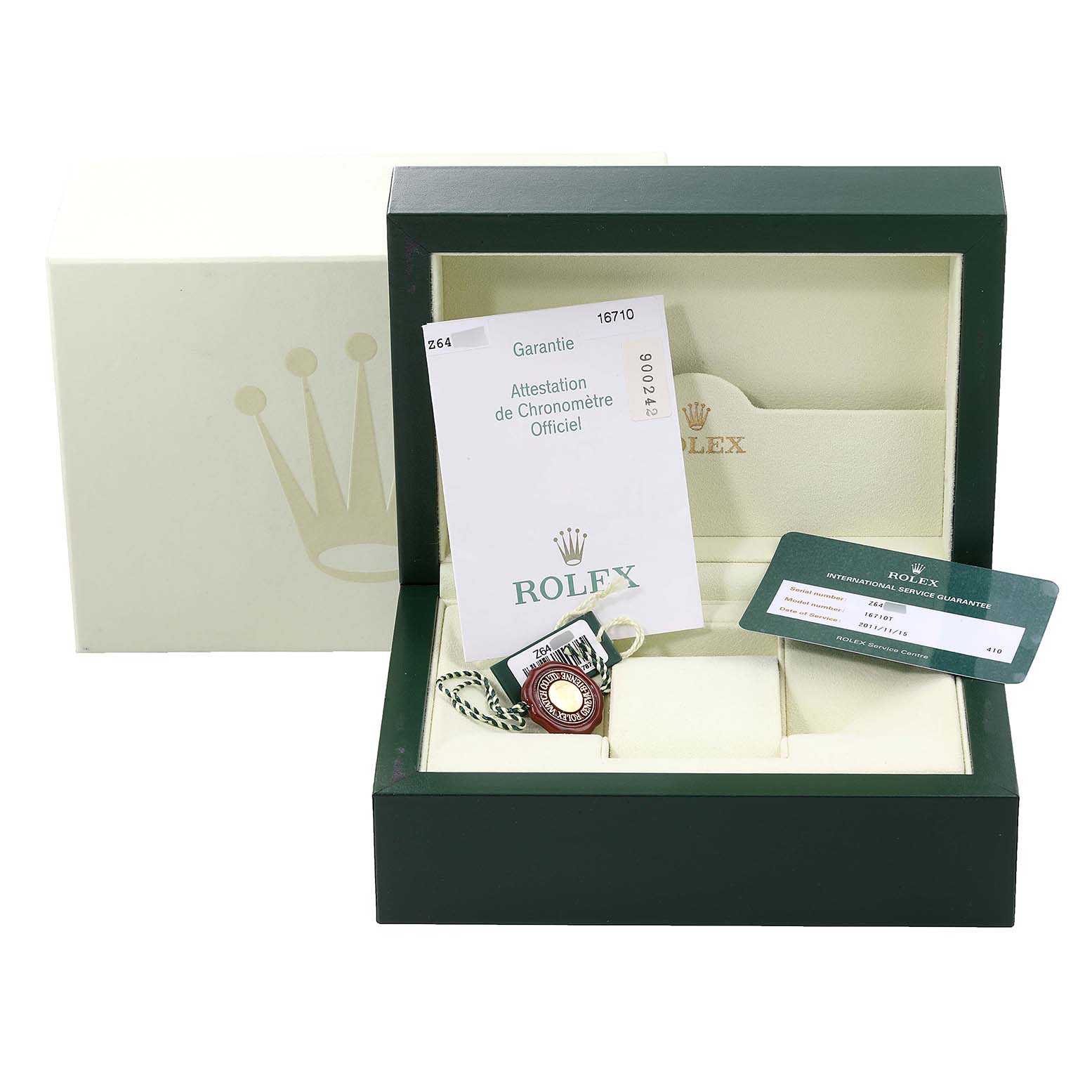 The image shows the accessories of a Rolex GMT-Master 16710 Men's Stainless Steel Black Dial 16710 Men's Stainless Steel Black Dial watch, including the box, warranty card, and tags, viewed from the front.