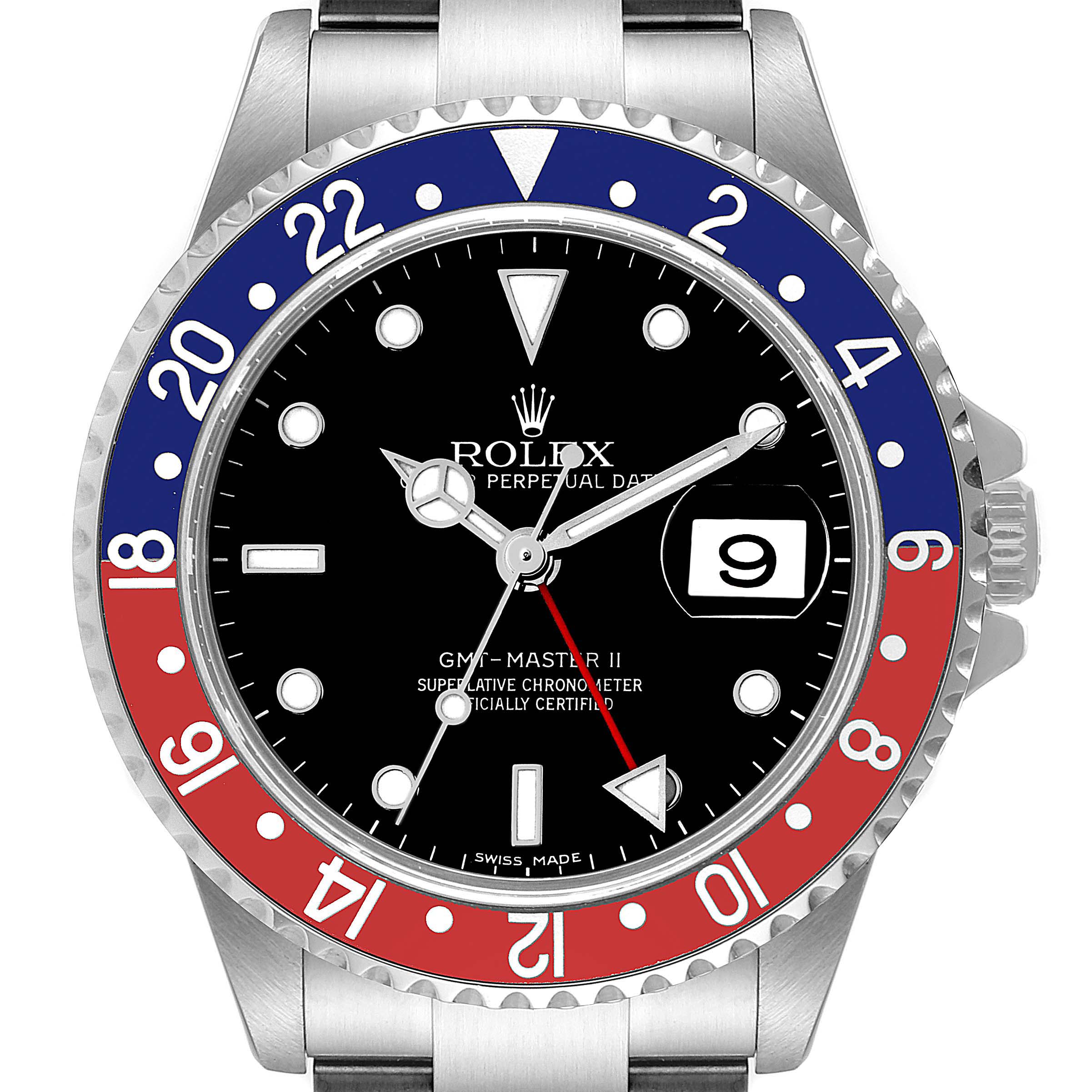 This image shows the front view of the Rolex GMT-Master 16710 Men's Stainless Steel Black Dial 16710 Men's Stainless Steel Black Dial II watch, highlighting the dial, bezel, and bracelet.