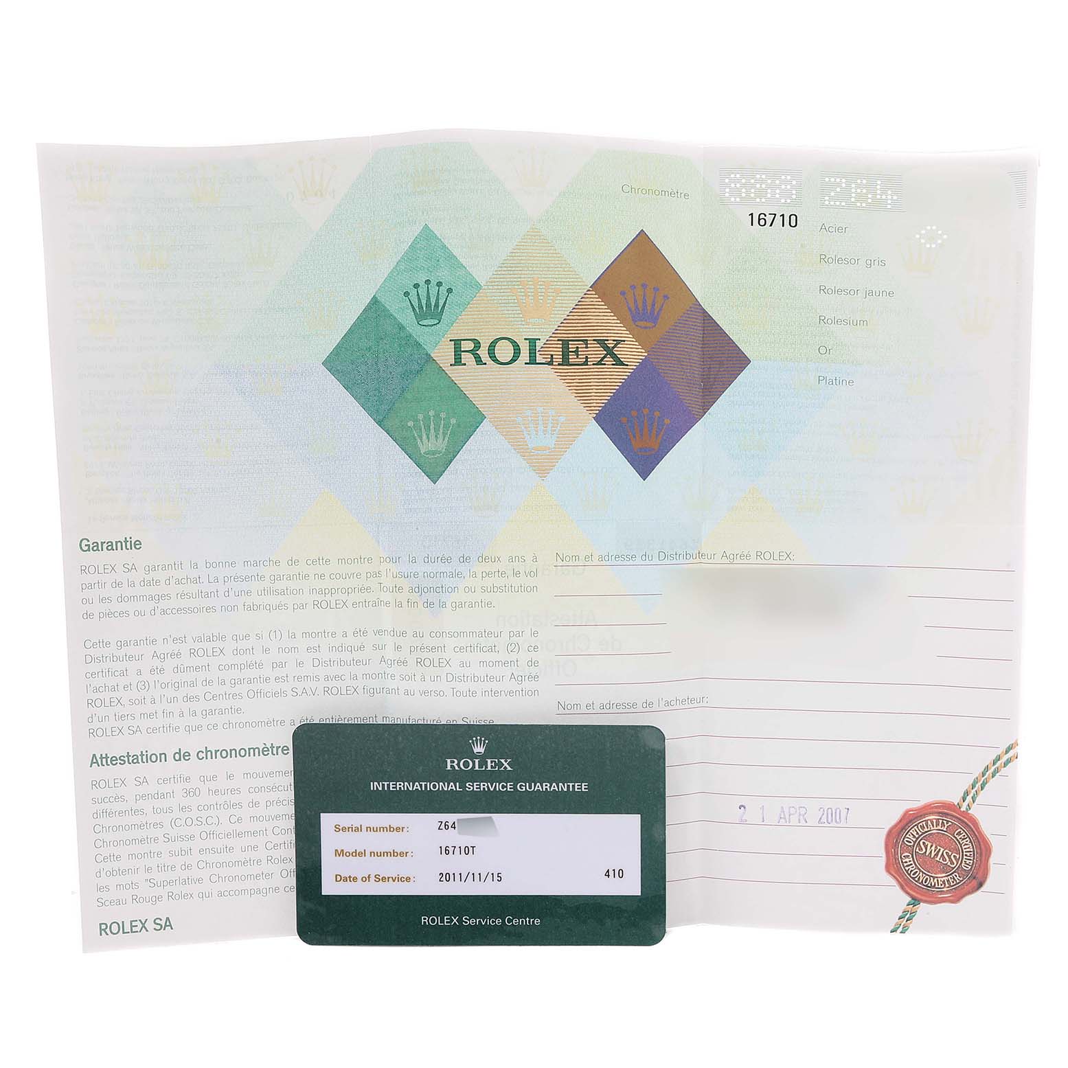 The image shows the warranty card and international service guarantee papers for the Rolex GMT-Master 16710 Men's Stainless Steel Black Dial 16710 Men's Stainless Steel Black Dial watch model.