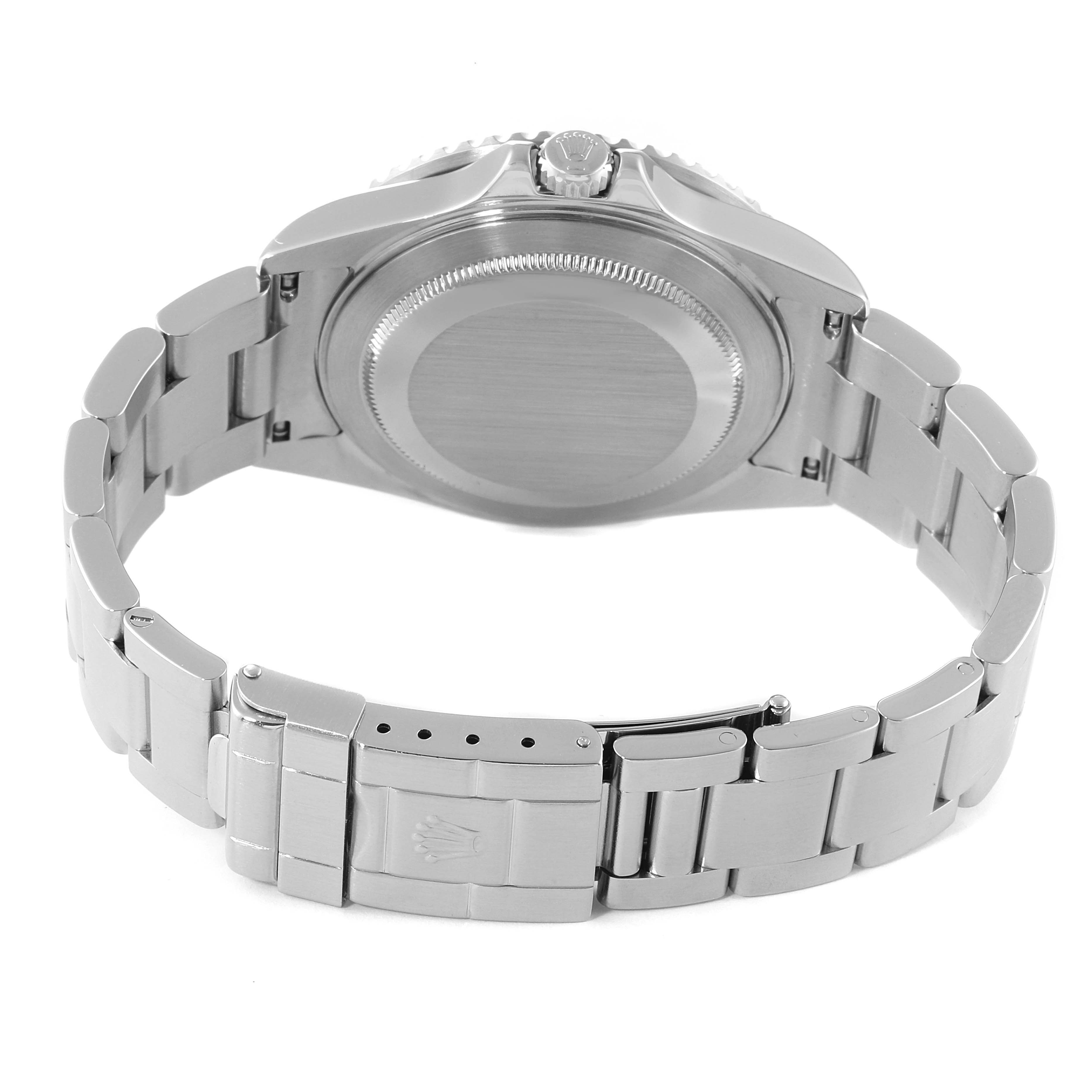 The image shows the back and bracelet of a Rolex GMT-Master 16710 Men's Stainless Steel Black Dial 16710 Men's Stainless Steel Black Dial watch in a partially open position.