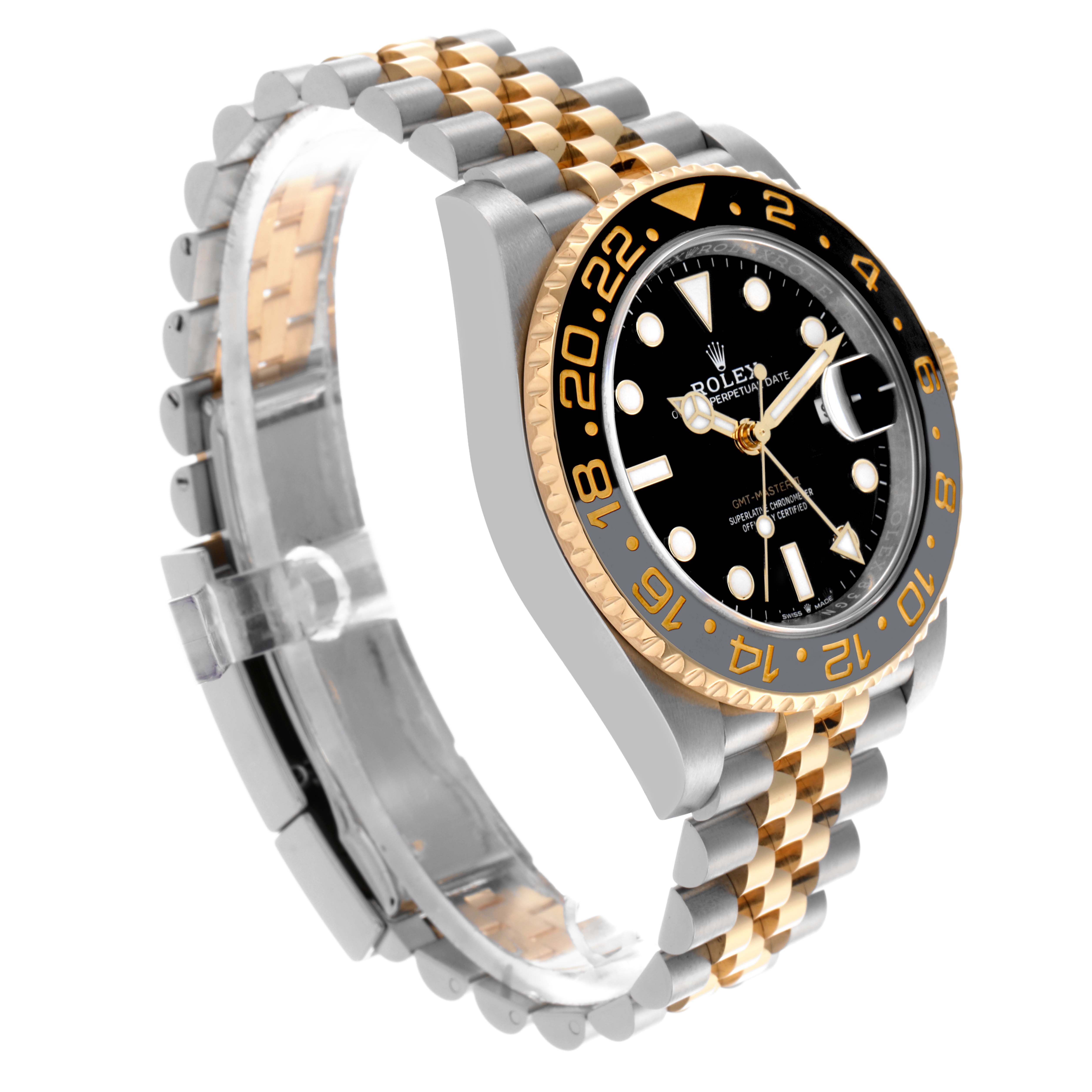 The Rolex GMT-Master 126713GRNR Men's Steel and Gold (two tone) Black Dial 126713GRNR Men's Steel and Gold (two tone) Black Dial watch is shown at an angled side view, highlighting the face, bezel, and bracelet.