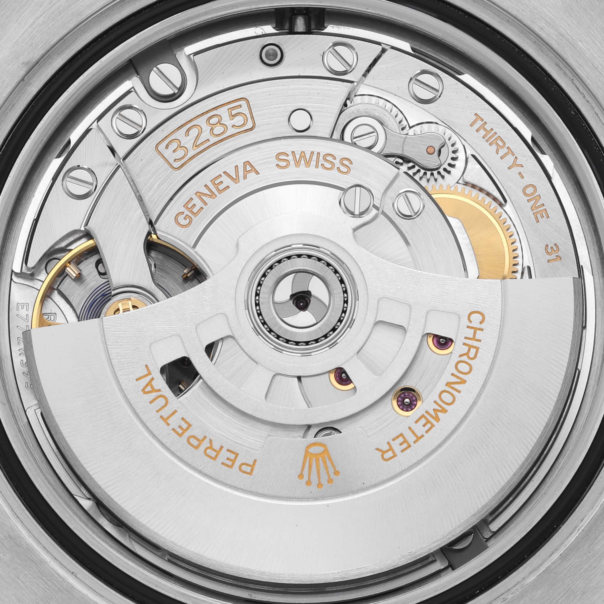 The image shows the movement of a Rolex GMT-Master 126713GRNR Men's Steel and Gold (two tone) Black Dial 126713GRNR Men's Steel and Gold (two tone) Black Dial, model 3285, viewed from the back.