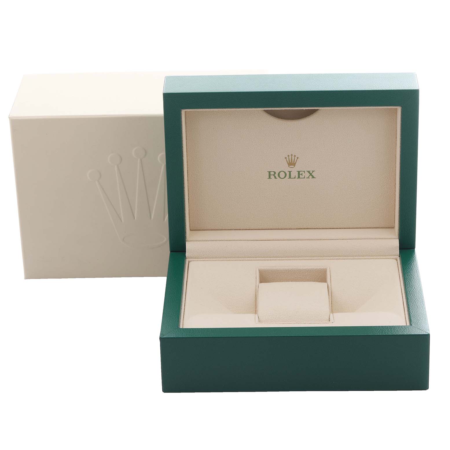 The image shows a Rolex GMT-Master 126713GRNR Men's Steel and Gold (two tone) Black Dial 126713GRNR Men's Steel and Gold (two tone) Black Dial watch box open, with its green exterior and beige interior visible.