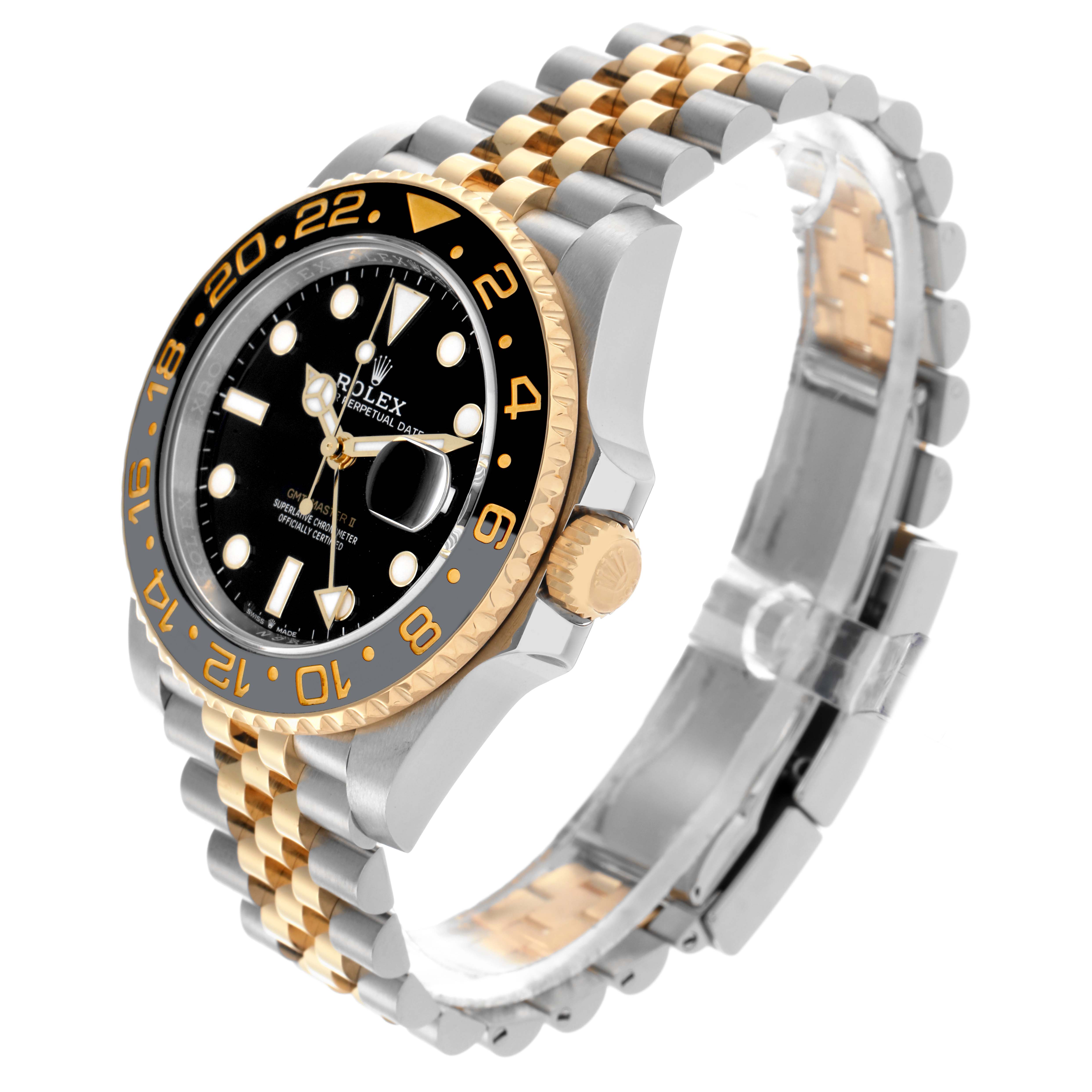 The image shows a side angle of a Rolex GMT-Master 126713GRNR Men's Steel and Gold (two tone) Black Dial 126713GRNR Men's Steel and Gold (two tone) Black Dial watch, highlighting the bezel, dial, and two-tone bracelet.