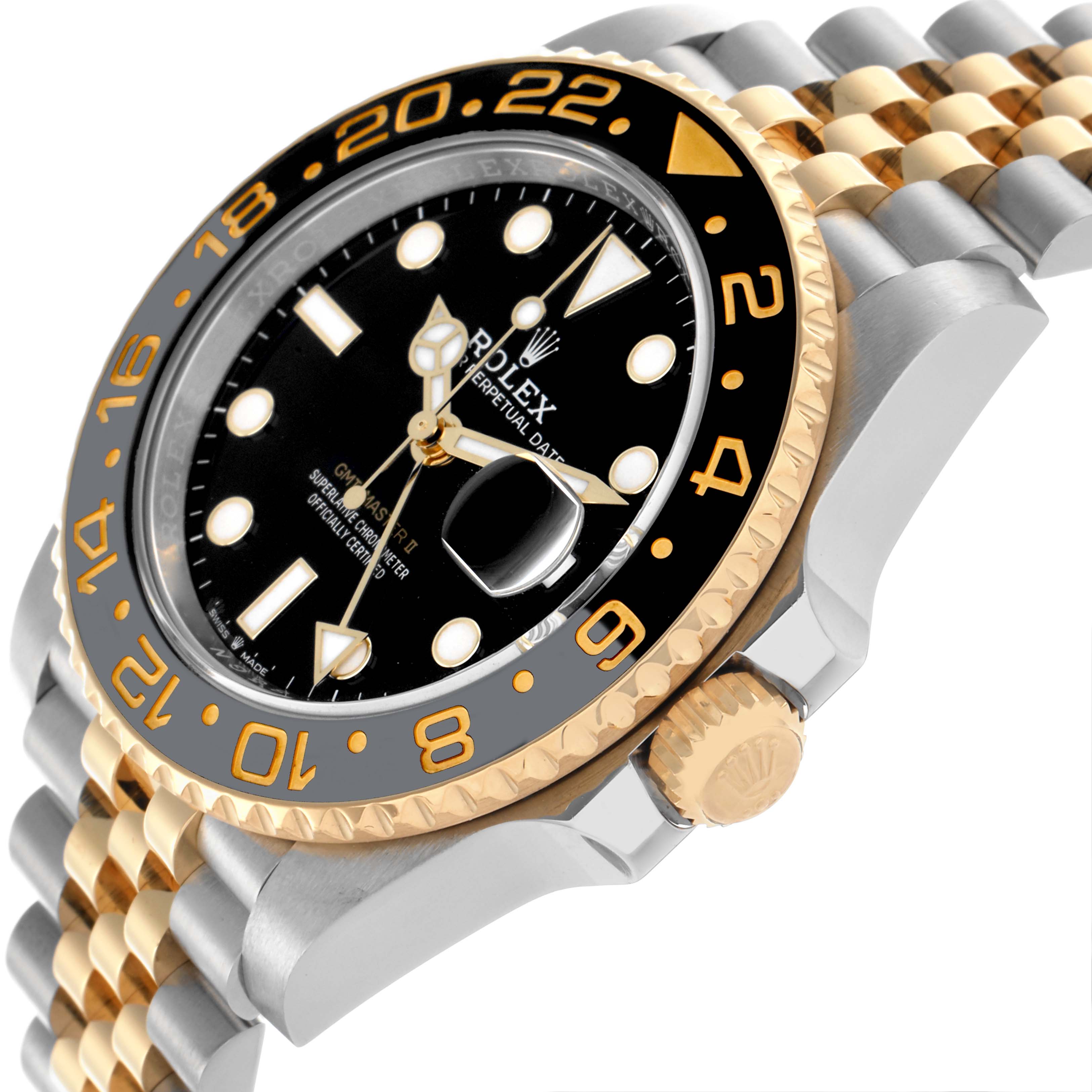 The image shows a close-up angle of the Rolex GMT-Master 126713GRNR Men's Steel and Gold (two tone) Black Dial 126713GRNR Men's Steel and Gold (two tone) Black Dial watch focusing on the bezel, crown, and part of the bracelet.