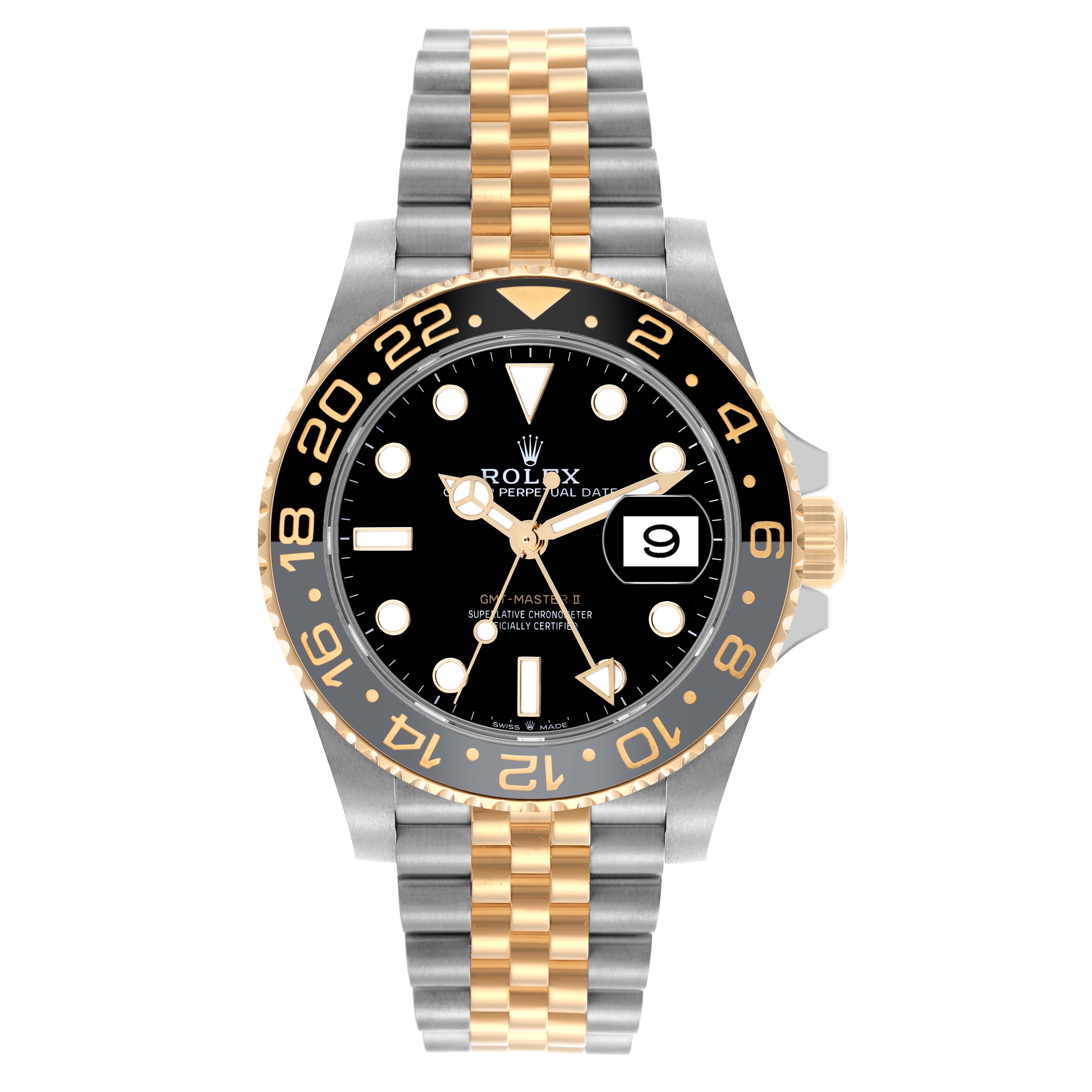 The Rolex GMT-Master 126713GRNR Men's Steel and Gold (two tone) Black Dial 126713GRNR Men's Steel and Gold (two tone) Black Dial watch is shown from a top-down angle, highlighting its black dial, two-tone bezel, and bracelet.