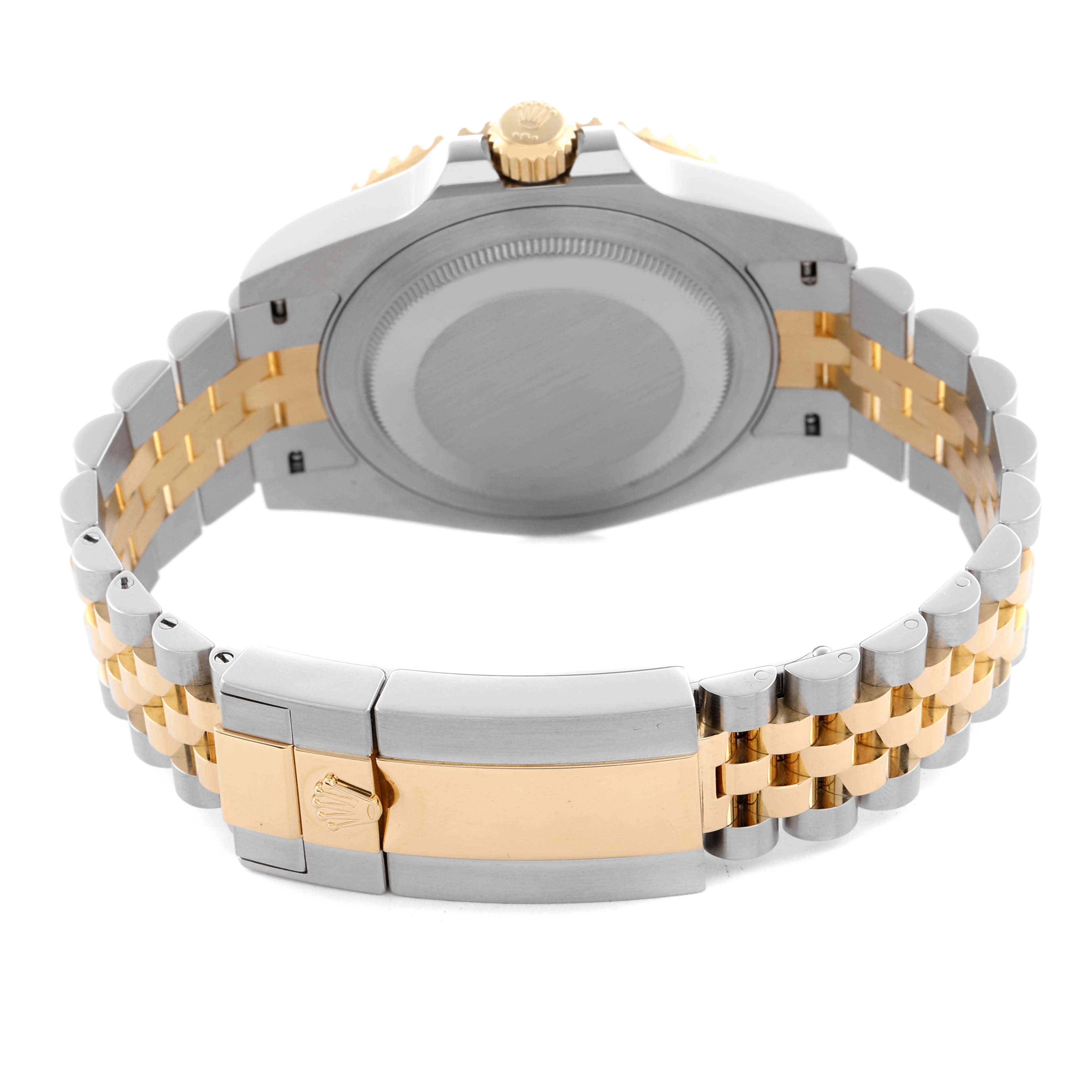 The image shows the back and bracelet of a Rolex GMT-Master 126713GRNR Men's Steel and Gold (two tone) Black Dial 126713GRNR Men's Steel and Gold (two tone) Black Dial watch, highlighting its two-tone metal design and clasp.