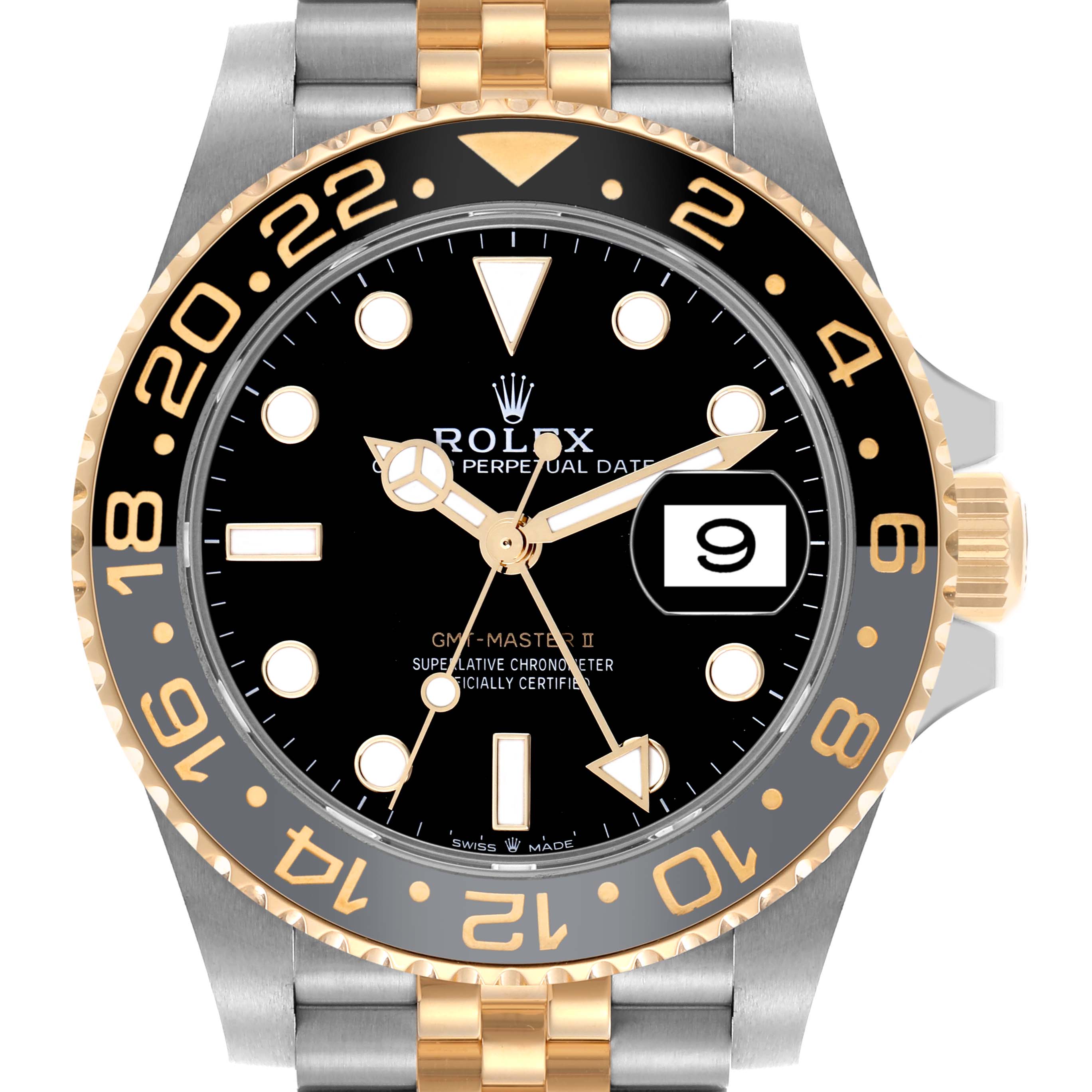 The Rolex GMT-Master 126713GRNR Men's Steel and Gold (two tone) Black Dial 126713GRNR Men's Steel and Gold (two tone) Black Dial watch is shown from a front angle, displaying the bezel, dial, hands, and date window clearly.