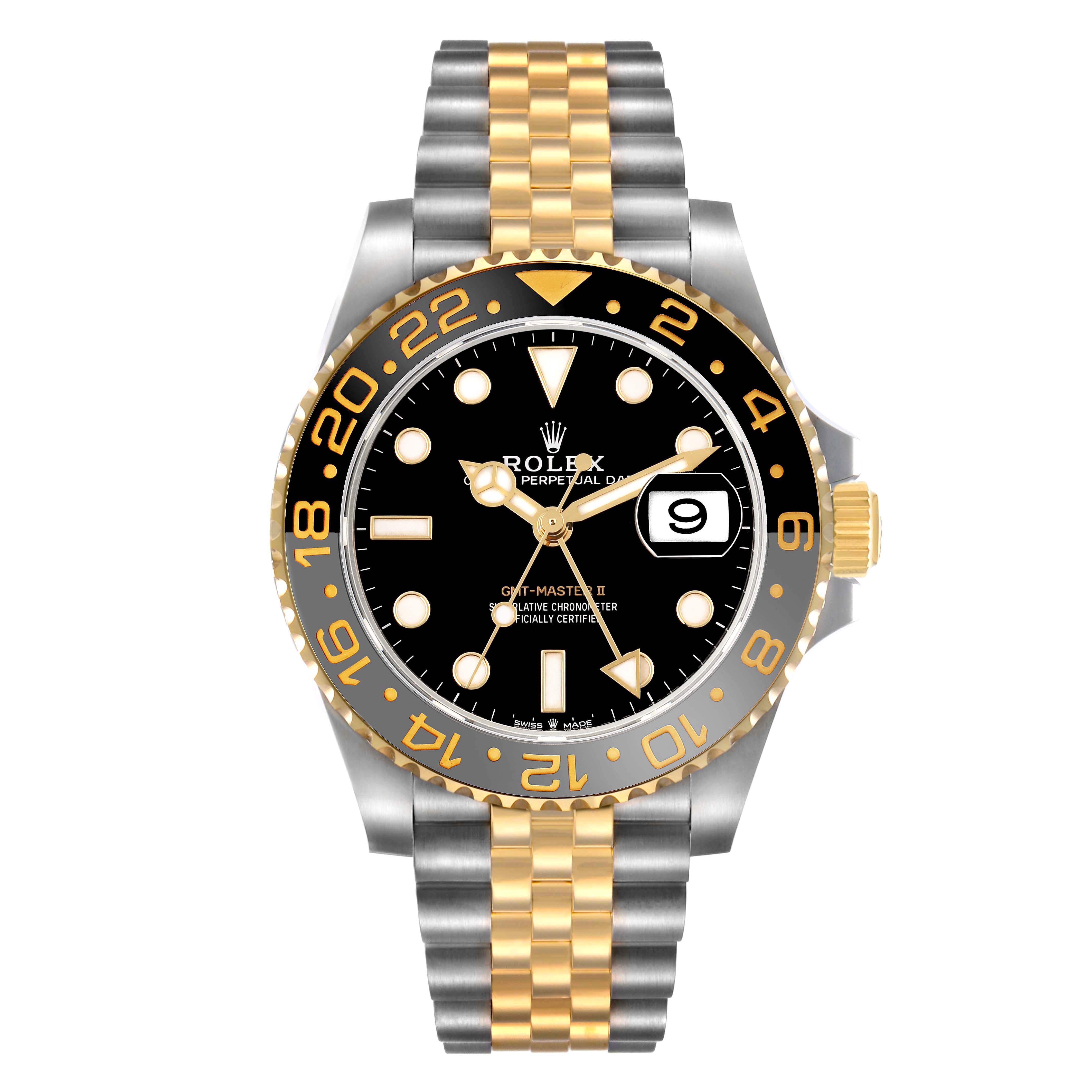 The Rolex GMT-Master 126713GRNR Men's Stainless Steel Black Dial watch is shown from a front view, displaying the bezel, dial, hands, and two-tone bracelet.