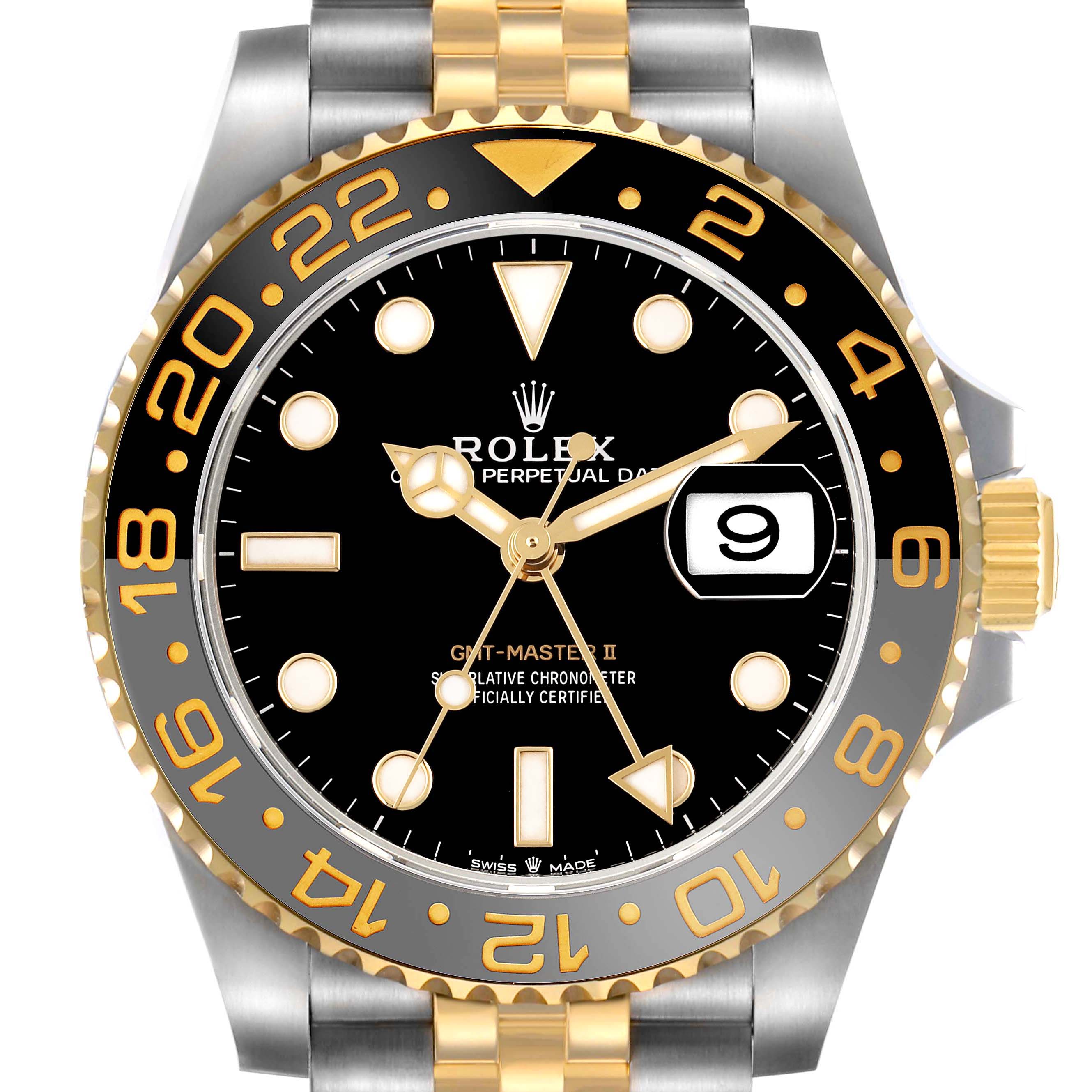 The Rolex GMT-Master 126713GRNR Men's Stainless Steel Black Dial watch is shown from the front, highlighting the bezel, dial, and bracelet.