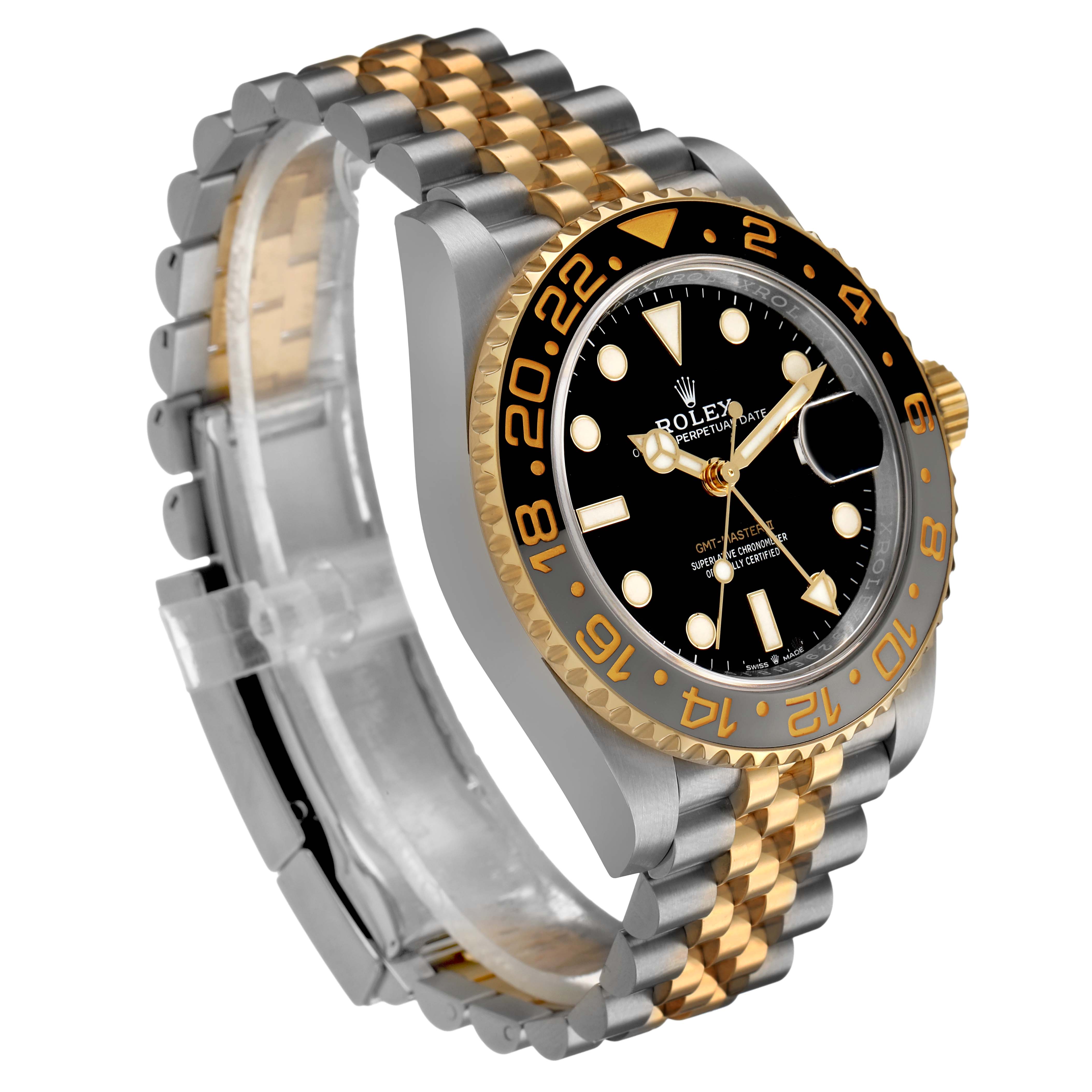 The Rolex GMT-Master 126713GRNR Men's Stainless Steel Black Dial watch is shown in a three-quarter view, highlighting the bezel, dial, and two-tone bracelet.