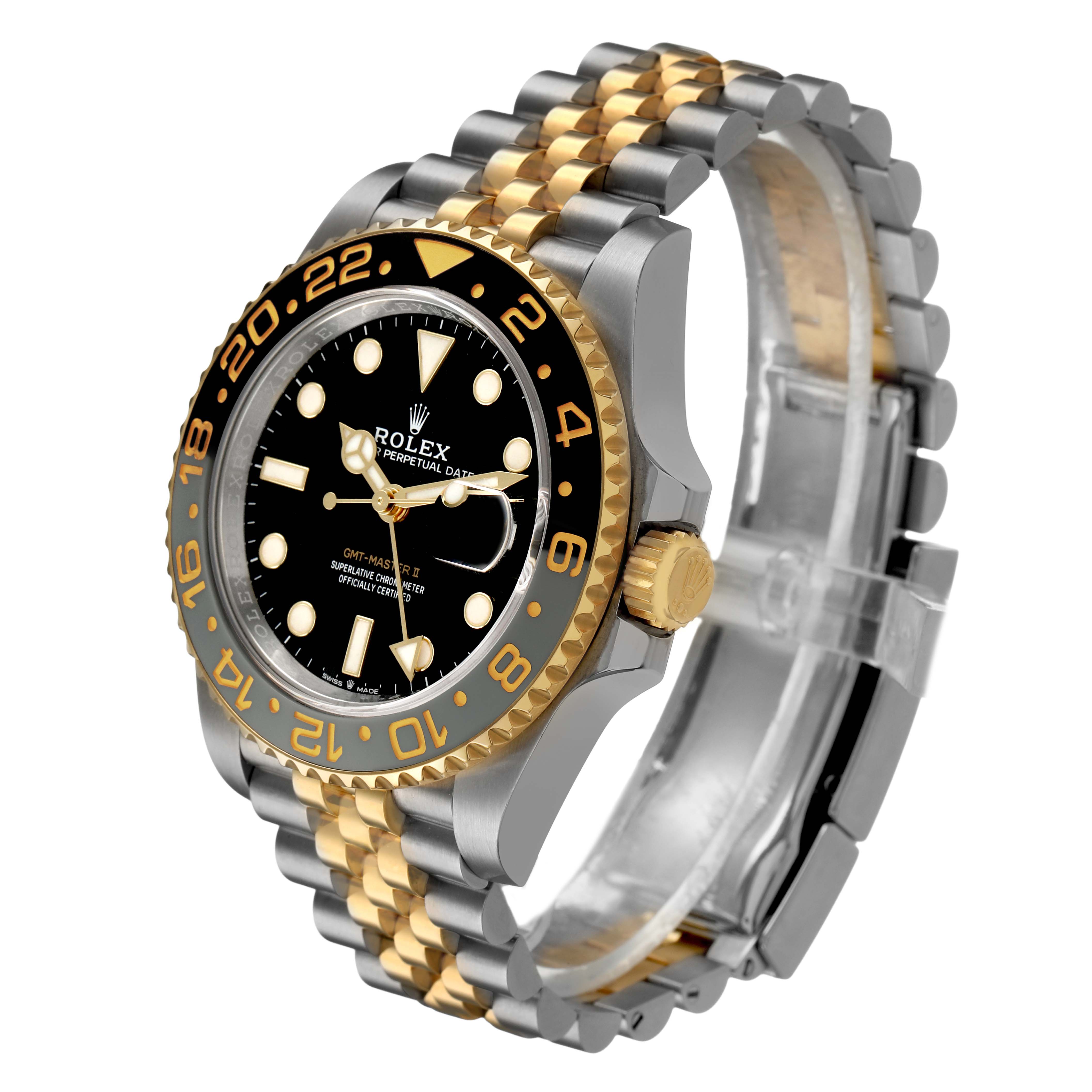 This GMT-Master Rolex watch is shown at a three-quarter angle highlighting the bezel, face, crown, and Jubilee bracelet.