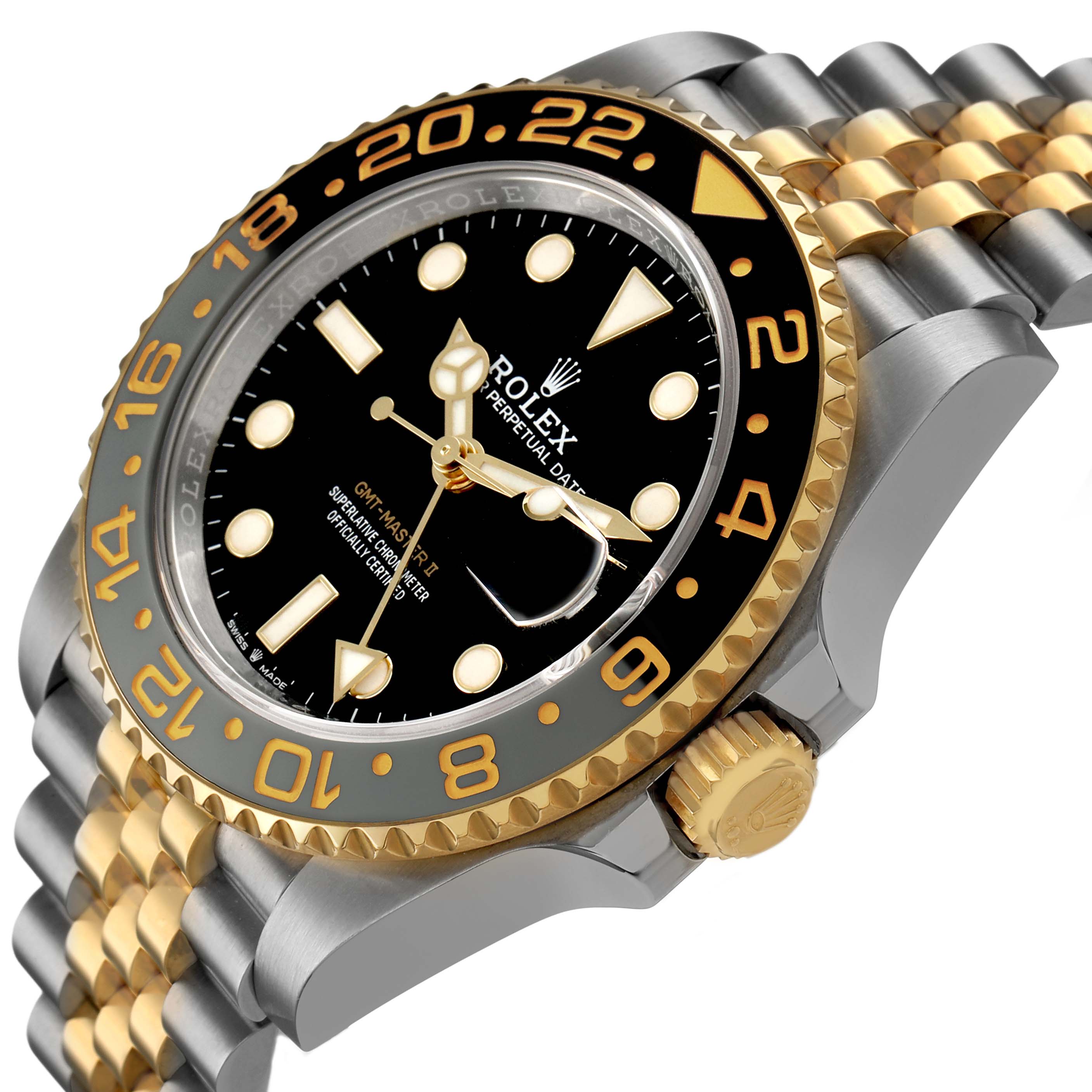 The Rolex GMT-Master 126713GRNR Men's Stainless Steel Black Dial watch is shown at an angle highlighting the bezel, dial, crown, and bracelet.