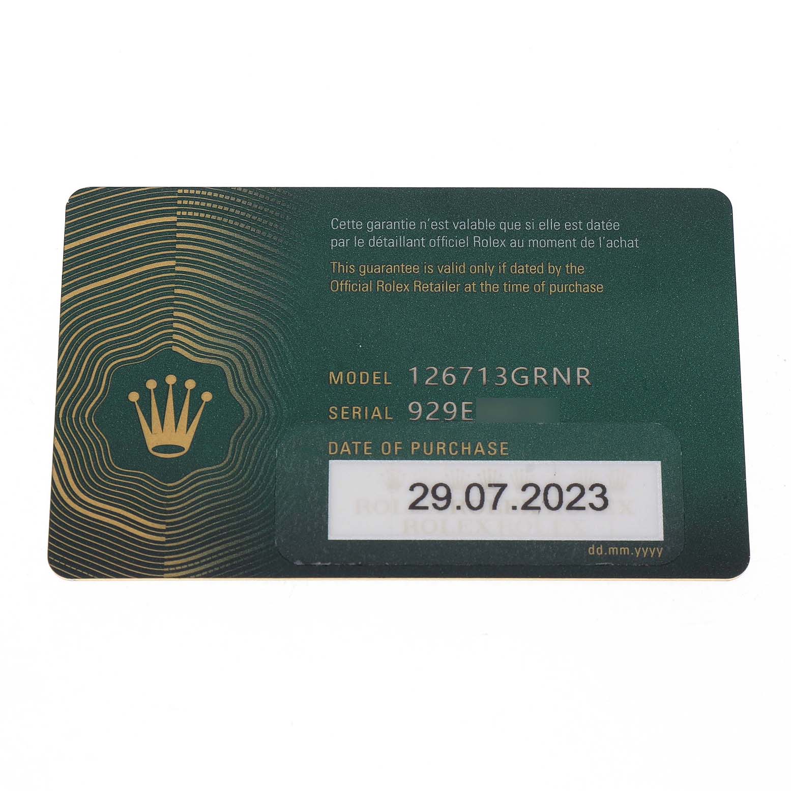 The image shows a guarantee card for a Rolex GMT-Master 126713GRNR Men's Stainless Steel Black Dial model, displaying model and serial numbers.