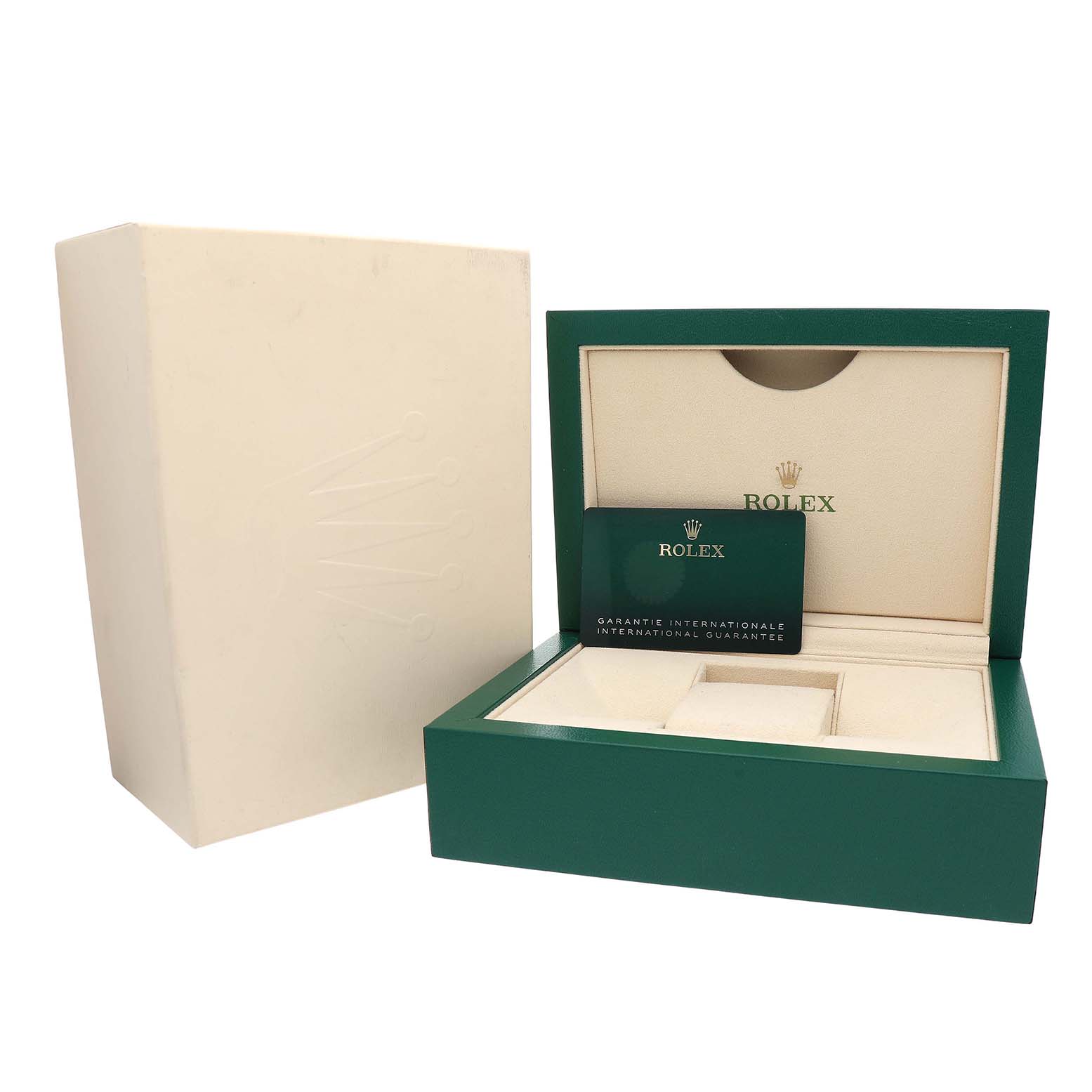 The image shows a green Rolex GMT-Master 126713GRNR Men's Stainless Steel Black Dial watch box with an open lid and warranty card, viewed from the front.
