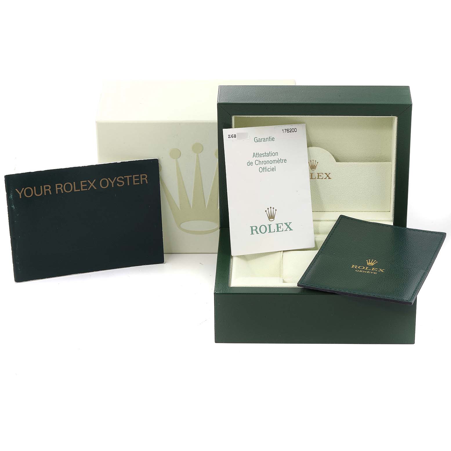 This image shows the packaging and documentation for a Rolex Oyster Perpetual 176200 Women's Stainless Steel Black Dial 176200 Women's Stainless Steel Black Dial, including the box, warranty card, and booklets.