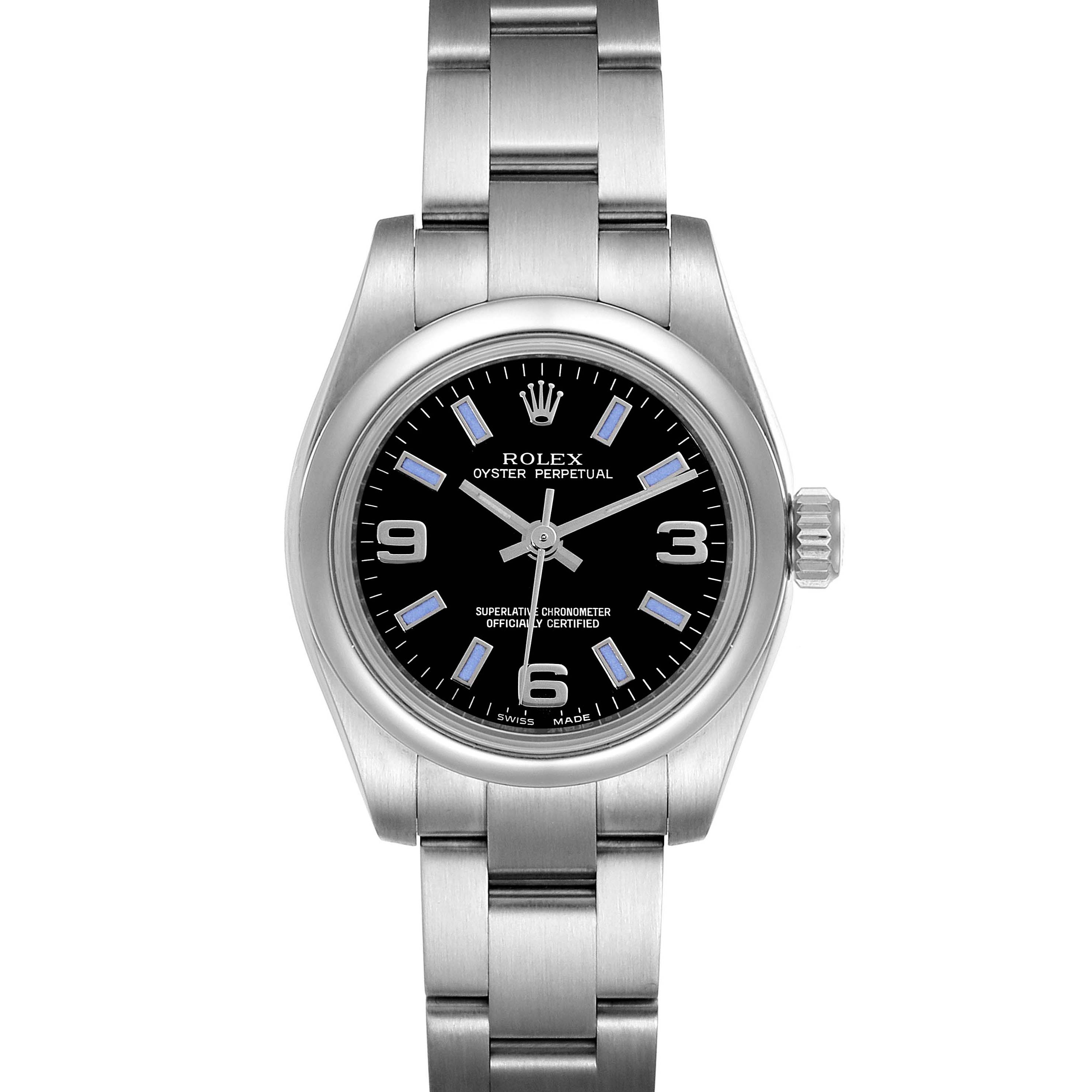 This image shows a front view of a Rolex Oyster Perpetual 176200 Women's Stainless Steel Black Dial 176200 Women's Stainless Steel Black Dial watch, highlighting its black dial, silver hands, and stainless steel bracelet.