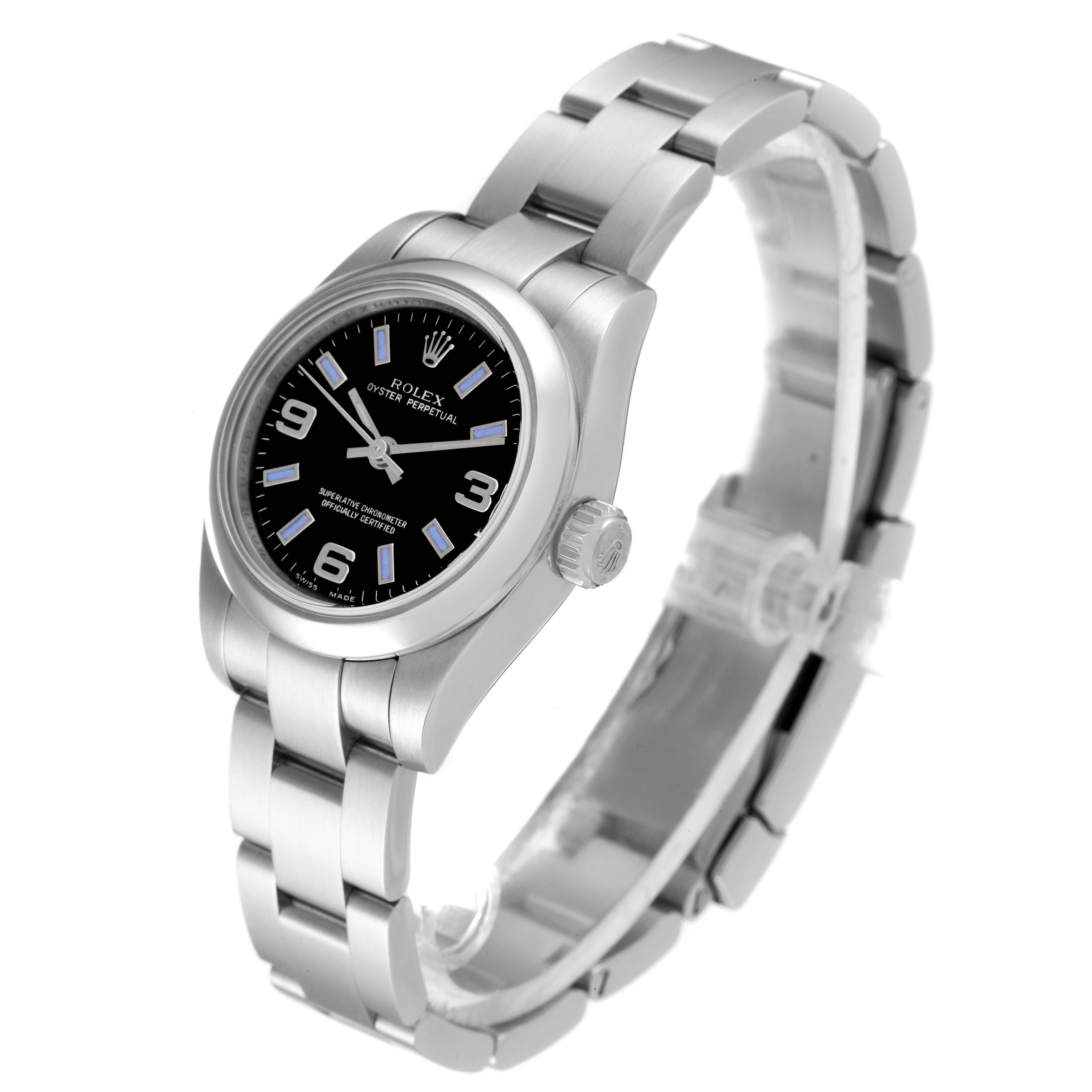 This image shows the Rolex Oyster Perpetual 176200 Women's Stainless Steel Black Dial 176200 Women's Stainless Steel Black Dial watch from a three-quarter angle, highlighting the dial, case, and bracelet.