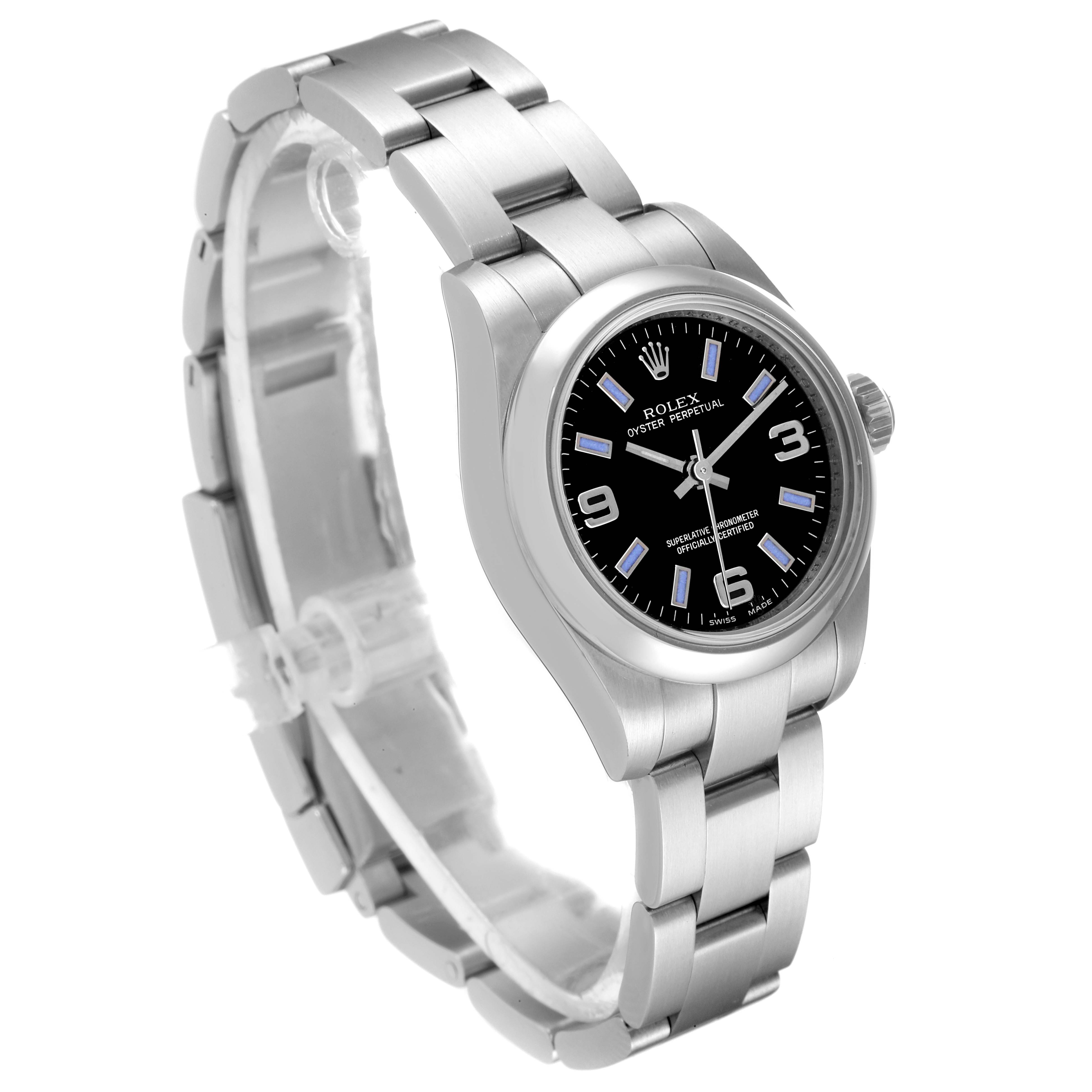 This image shows a Rolex Oyster Perpetual 176200 Women's Stainless Steel Black Dial 176200 Women's Stainless Steel Black Dial model from a three-quarter angle, displaying its face, bezel, and bracelet.