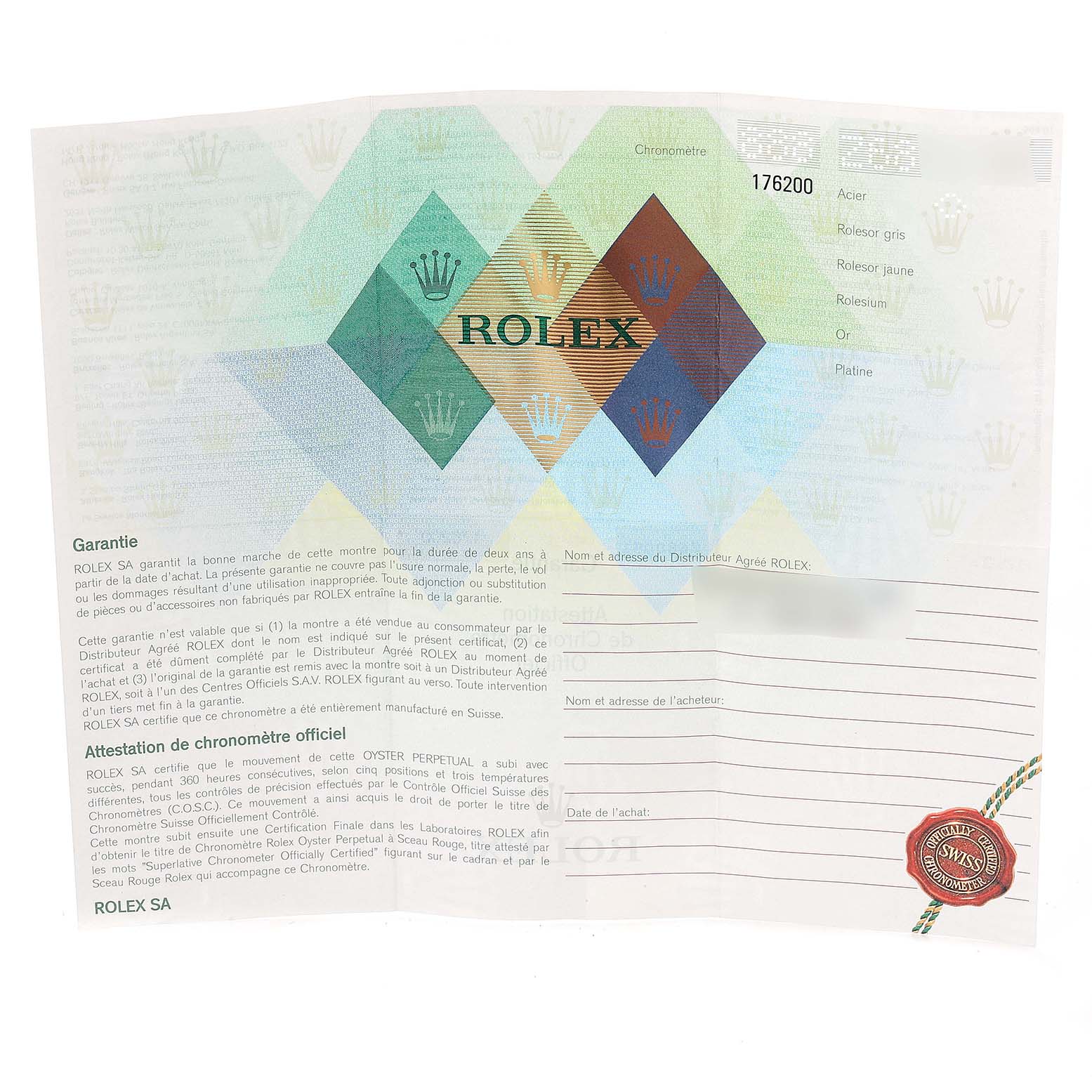 This is a warranty and chronometer certification document for a Rolex Oyster Perpetual 176200 Women's Stainless Steel Black Dial 176200 Women's Stainless Steel Black Dial watch model.