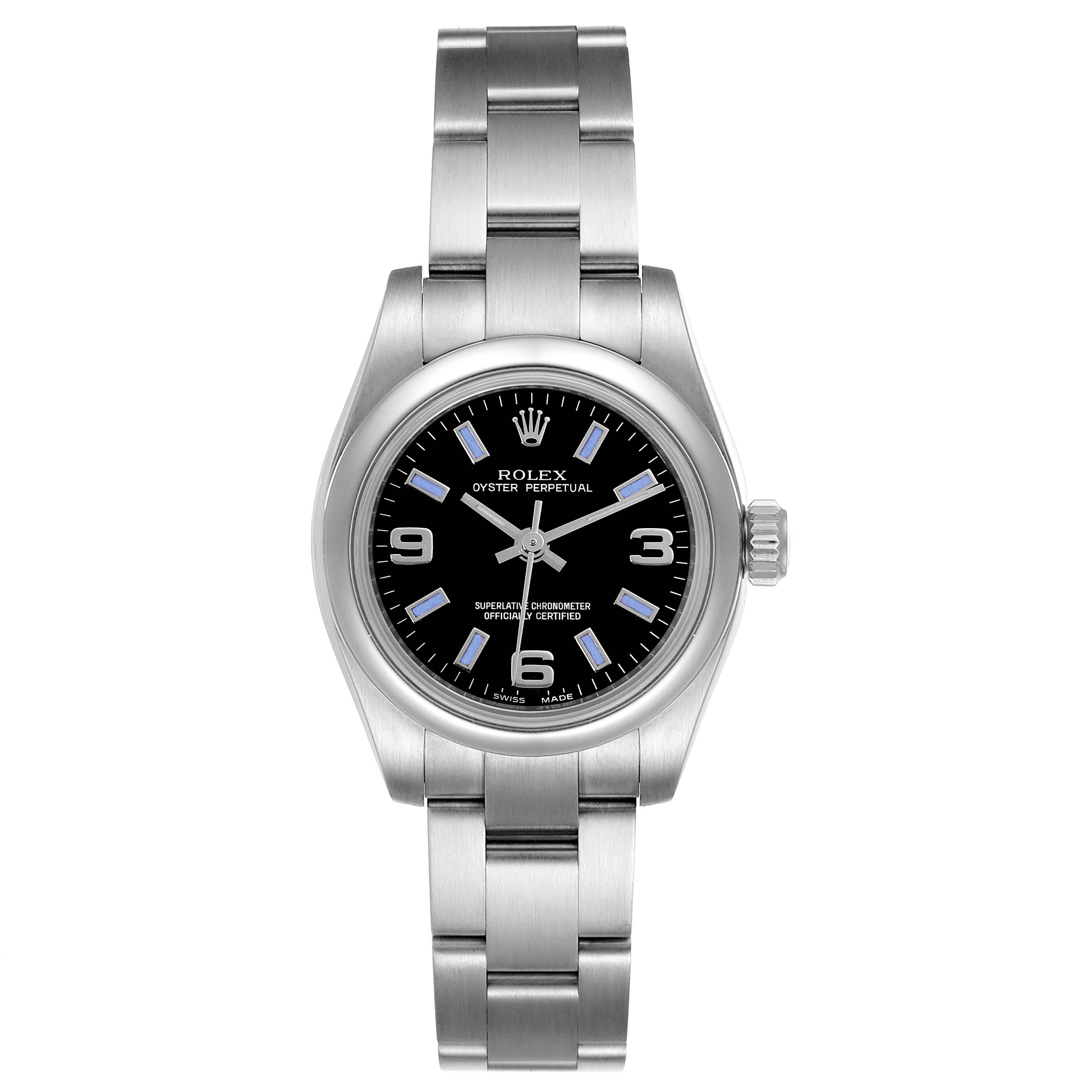 The image shows a front view of the Rolex Oyster Perpetual 176200 Women's Stainless Steel Black Dial 176200 Women's Stainless Steel Black Dial watch, displaying its face, bezel, crown, and stainless steel bracelet.