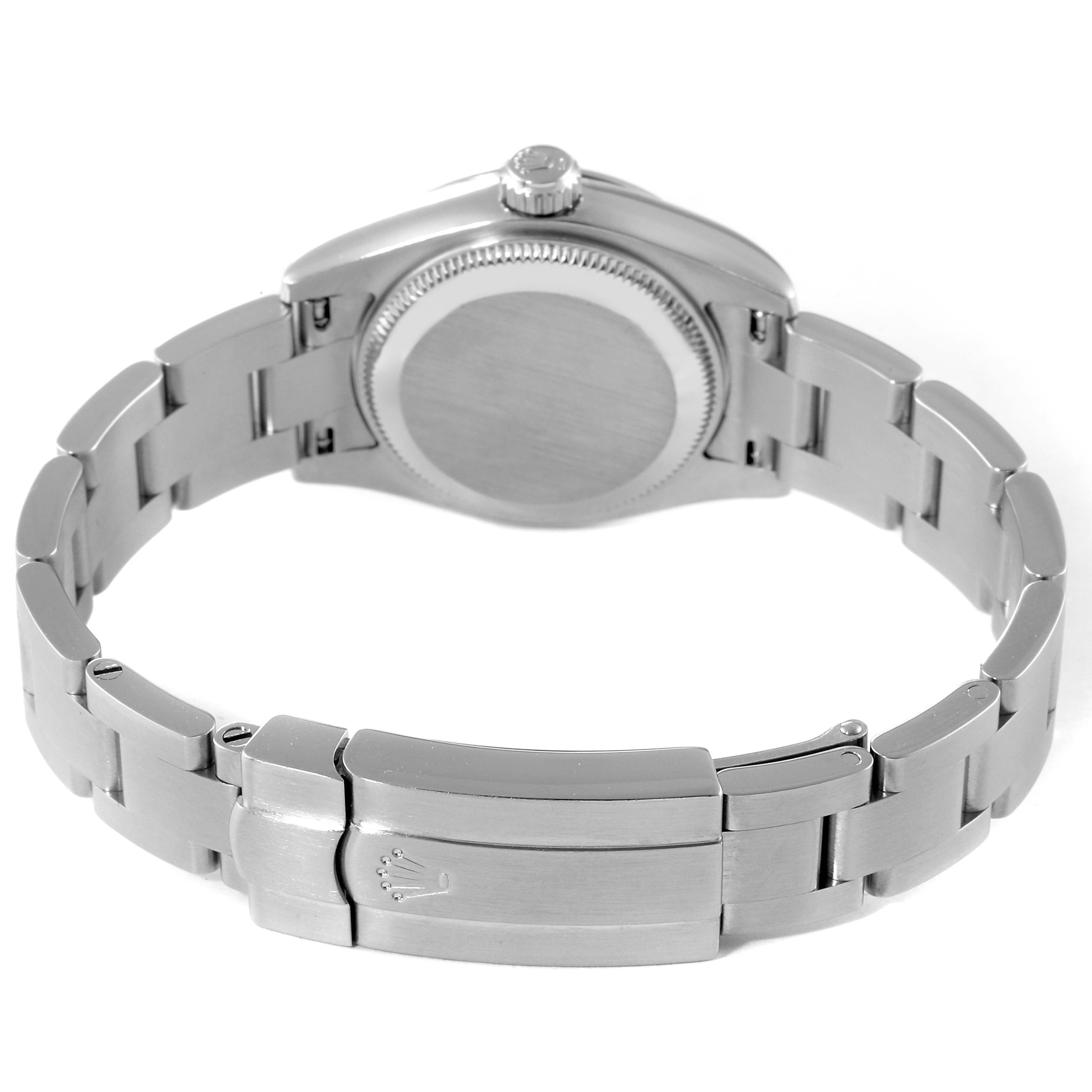 This image shows the backside of the Rolex Oyster Perpetual 176200 Women's Stainless Steel Black Dial 176200 Women's Stainless Steel Black Dial watch, highlighting the clasp and bracelet.