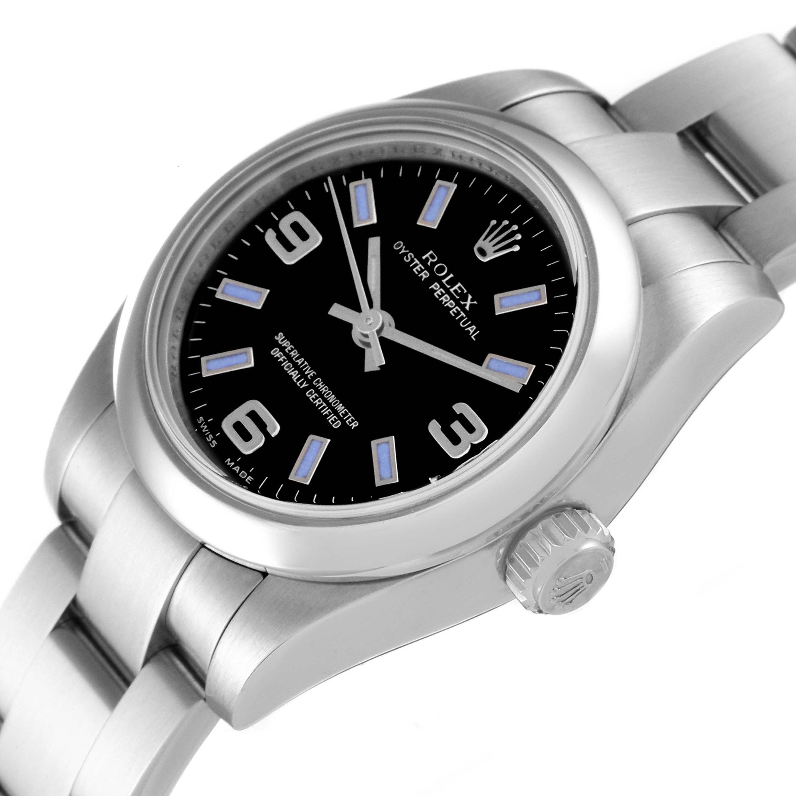 The image shows a Rolex Oyster Perpetual 176200 Women's Stainless Steel Black Dial 176200 Women's Stainless Steel Black Dial watch from a front-angle view featuring the dial, bezel, crown, and part of the bracelet.