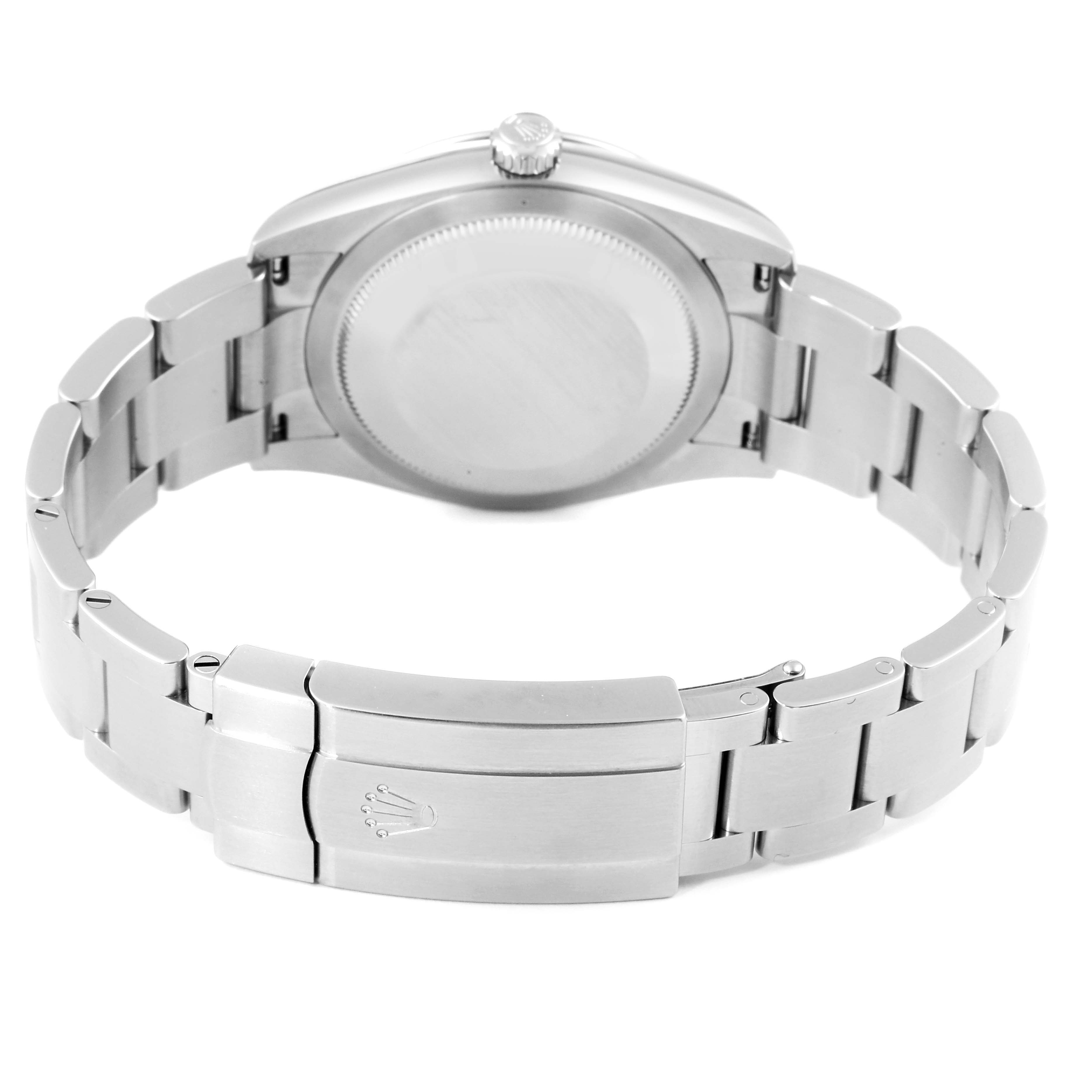 The image shows the back case and clasp of a Rolex Oyster Perpetual 124200 Men's Stainless Steel Blue Dial 124200 Men's Stainless Steel Blue Dial watch from a rear angle.