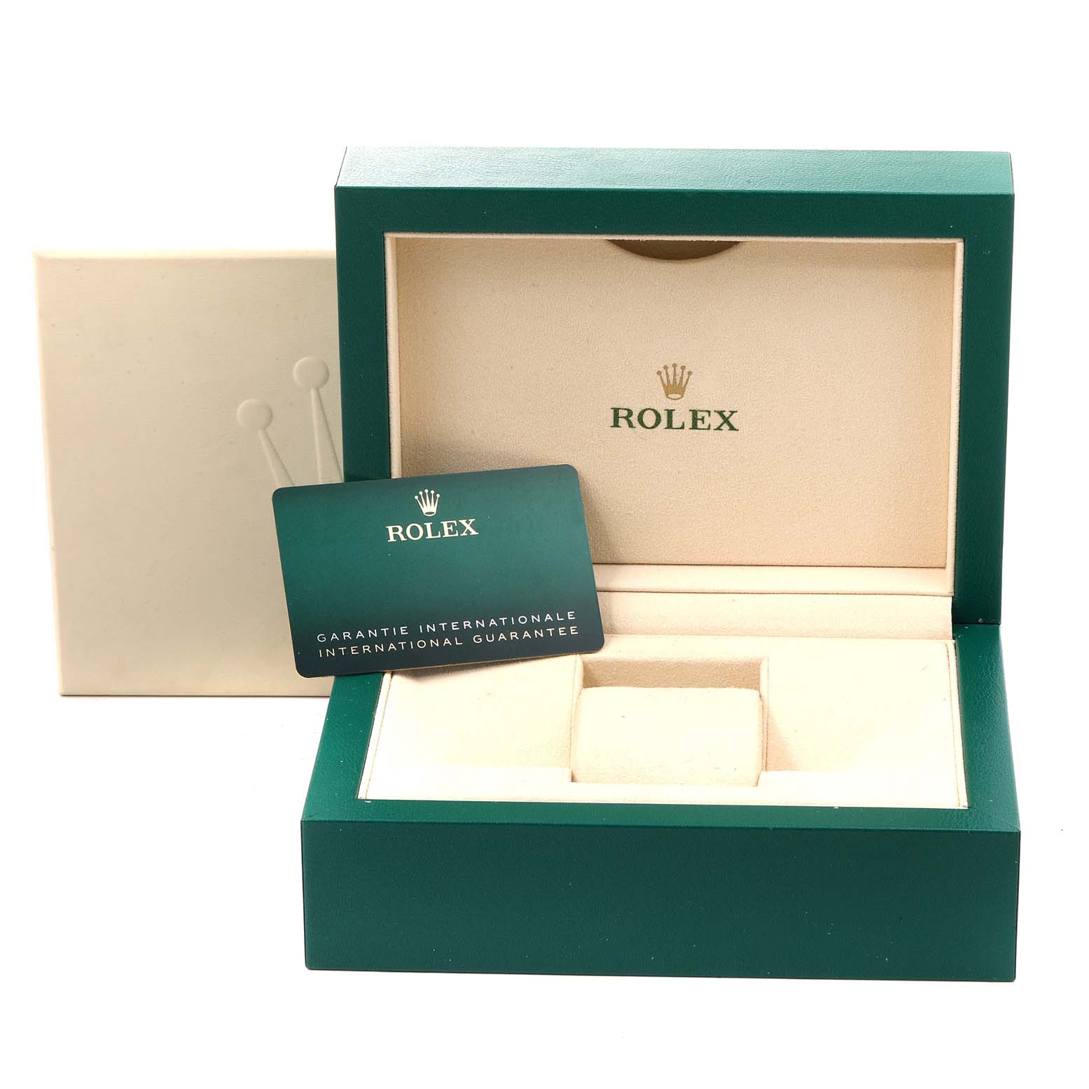 The image shows the open box and international guarantee card for a Rolex Oyster Perpetual 124200 Men's Stainless Steel Blue Dial 124200 Men's Stainless Steel Blue Dial watch.
