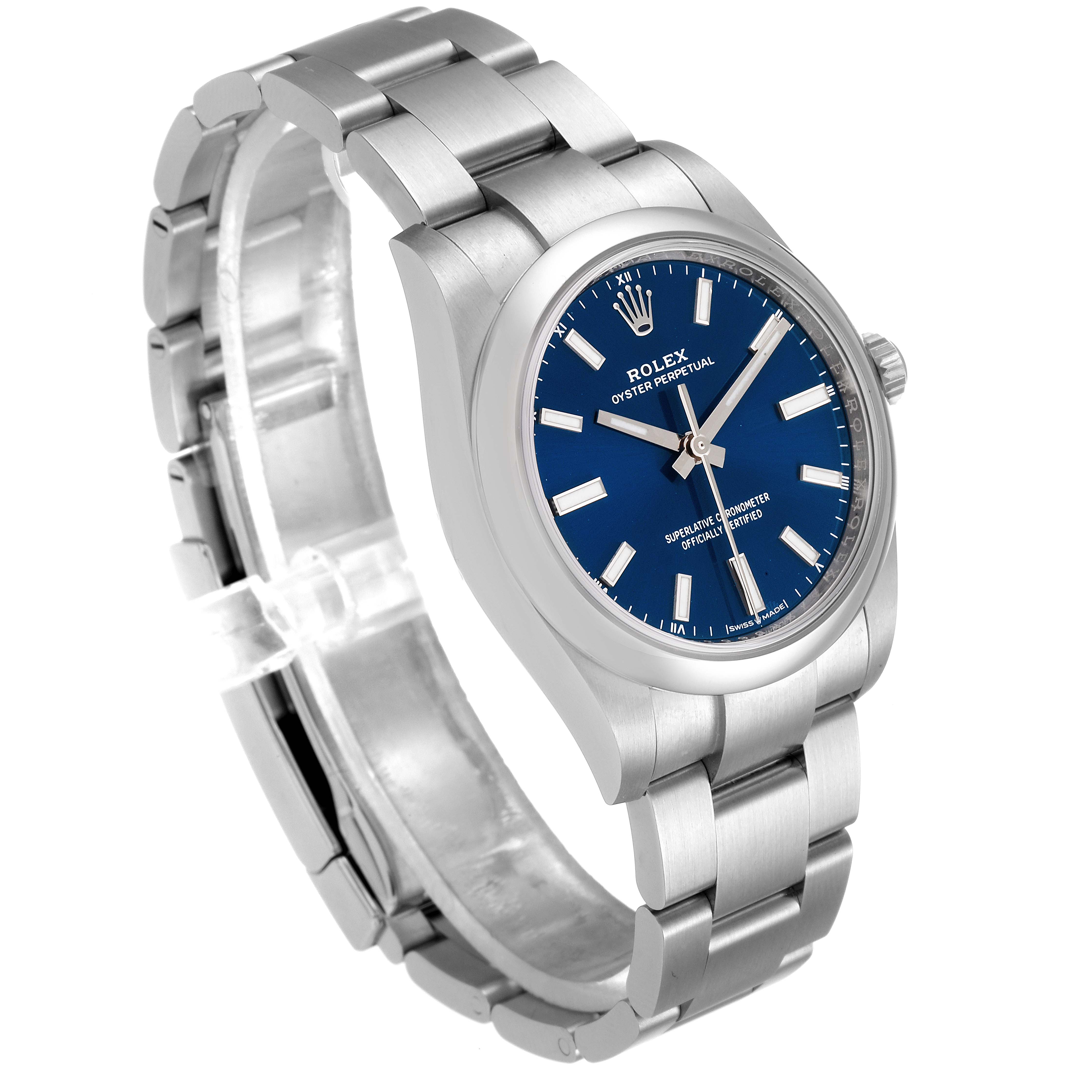 The image shows the front and side view of a Rolex Oyster Perpetual 124200 Men's Stainless Steel Blue Dial 124200 Men's Stainless Steel Blue Dial watch with a blue dial and stainless steel bracelet.