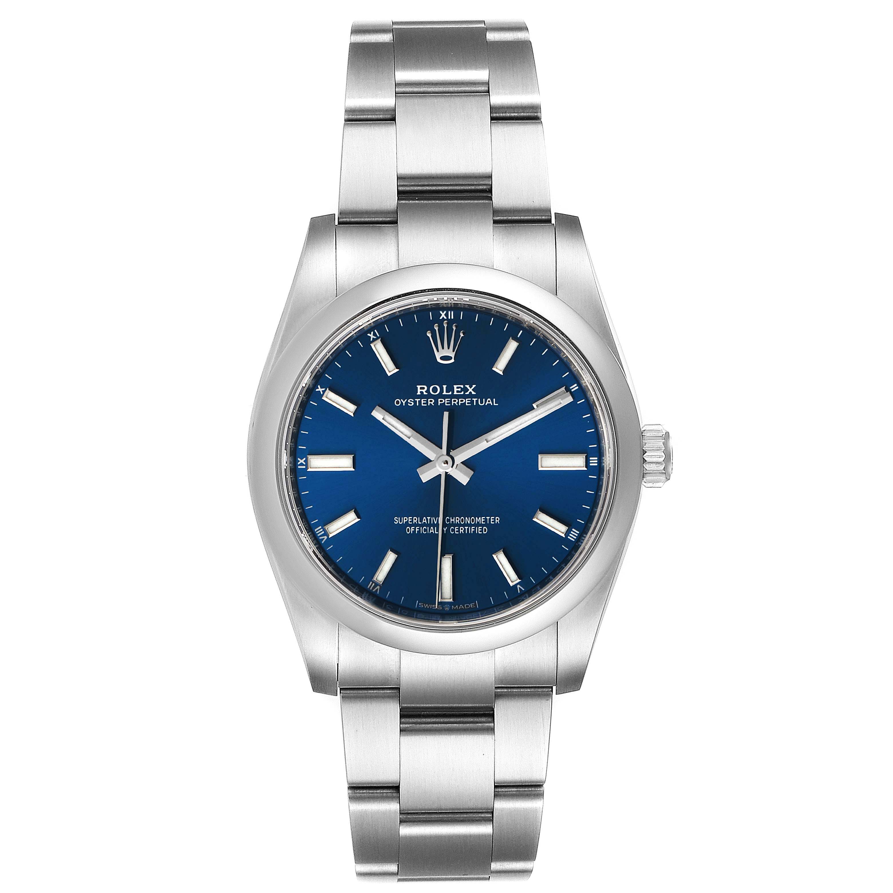 The image shows a front view of the Rolex Oyster Perpetual 124200 Men's Stainless Steel Blue Dial 124200 Men's Stainless Steel Blue Dial watch, highlighting its blue dial, silver hands, and stainless steel bracelet.