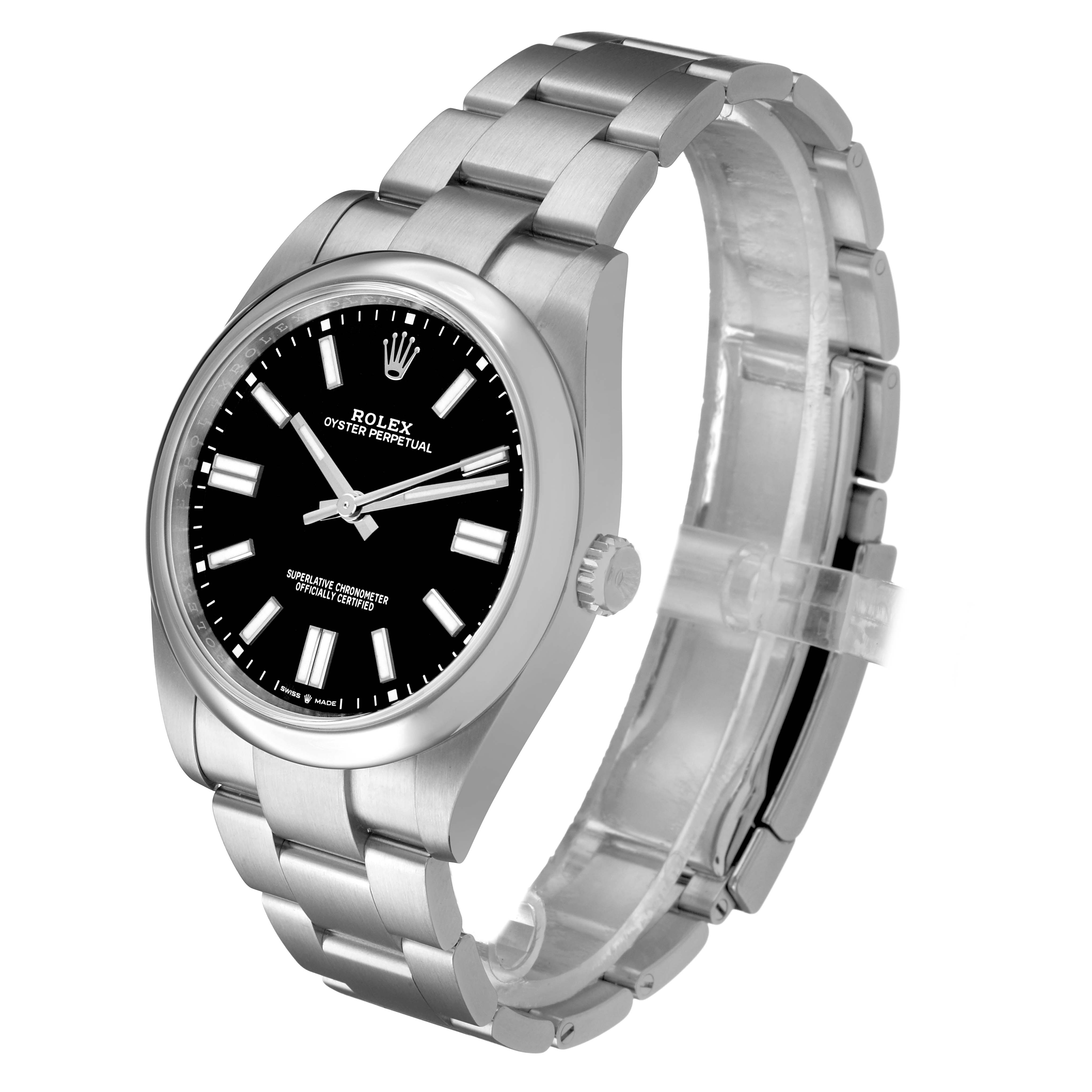 The Rolex Oyster Perpetual 7594Z726 Men's Stainless Steel Black Dial watch is shown at a three-quarter angle, featuring the face, case, crown, and bracelet.