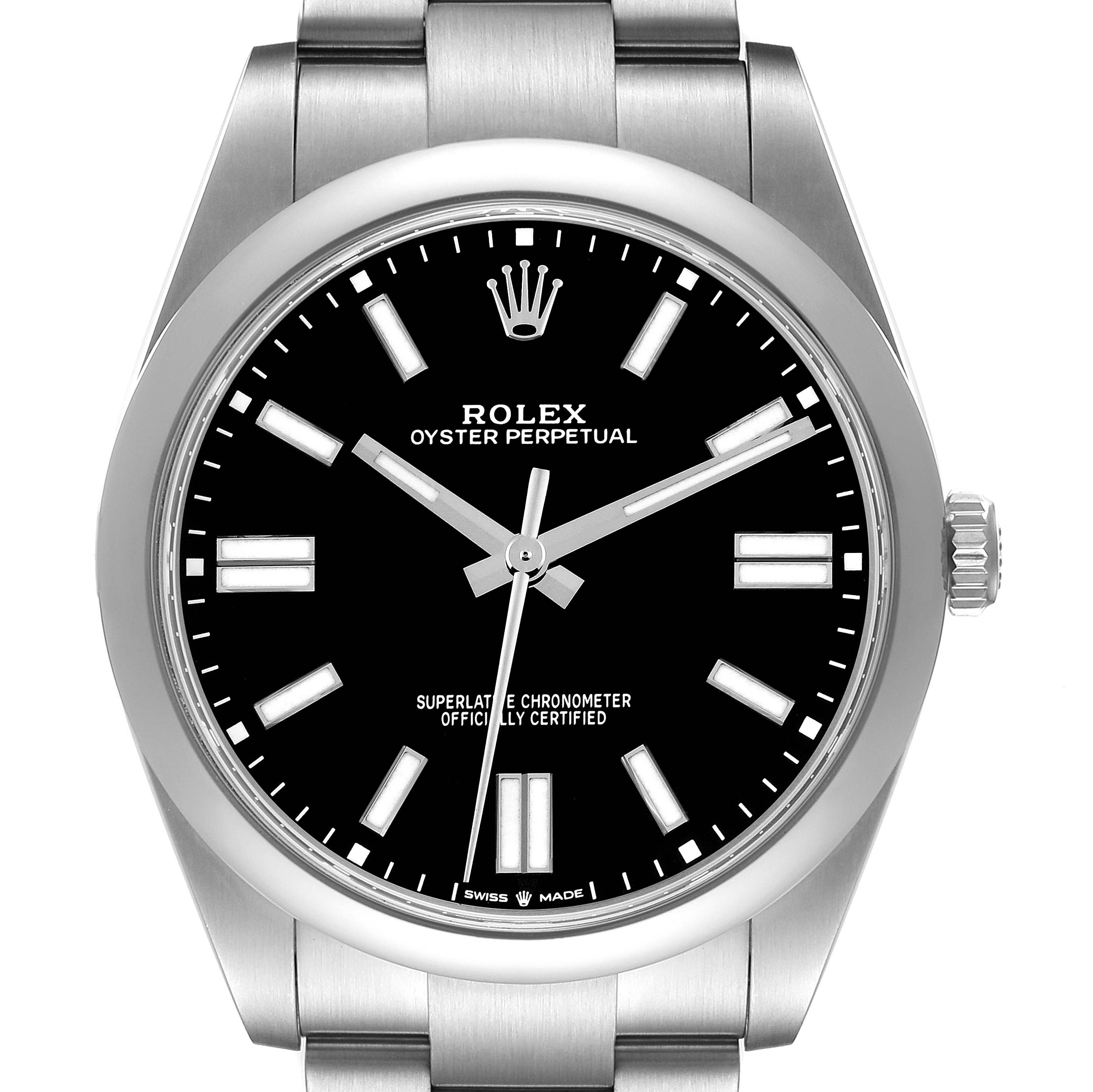 The Rolex Oyster Perpetual 7594Z726 Men's Stainless Steel Black Dial watch is shown from the front, highlighting the dial, bezel, and part of the bracelet.