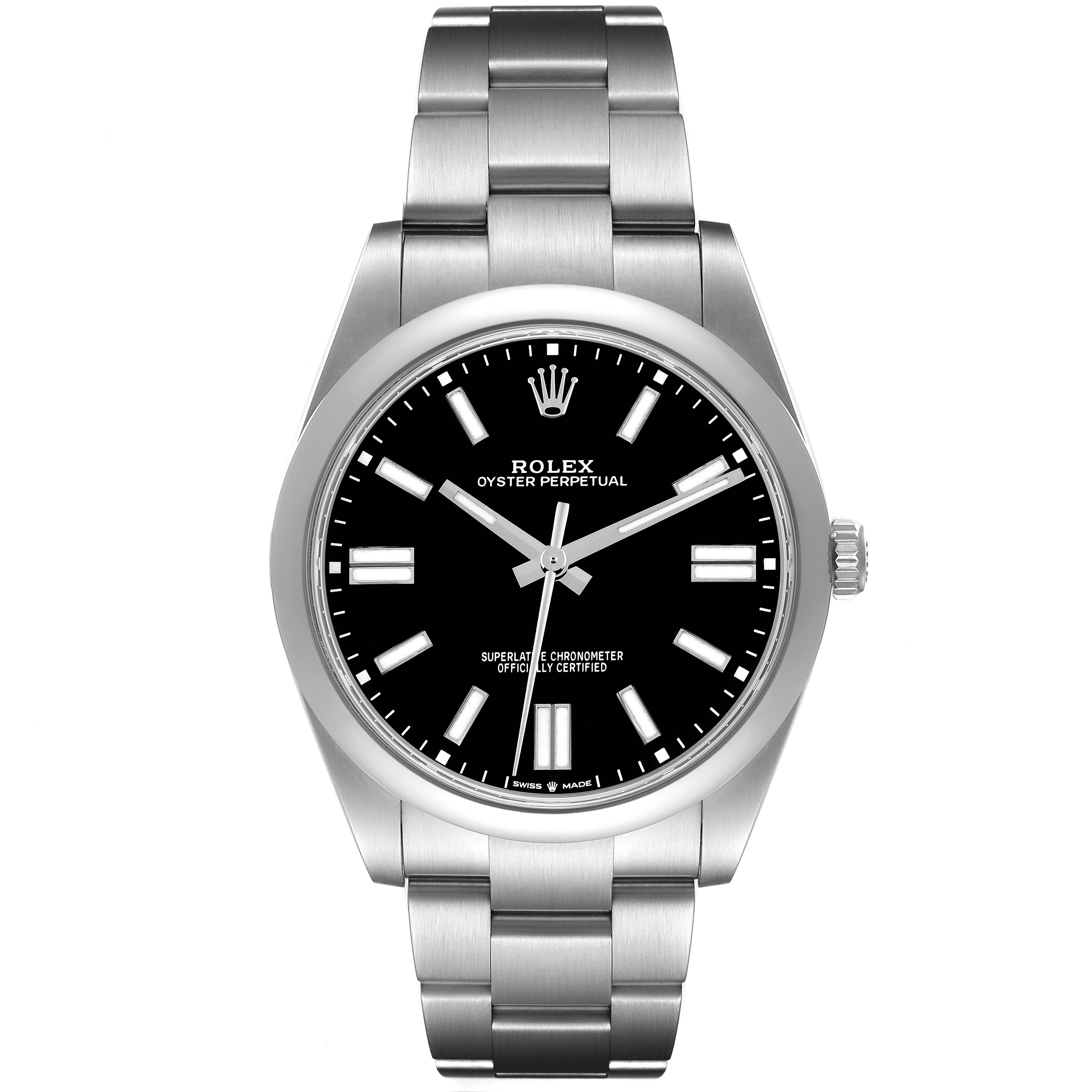 The Rolex Oyster Perpetual 7594Z726 Men's Stainless Steel Black Dial watch is shown from the front, displaying the dial, bezel, and bracelet.
