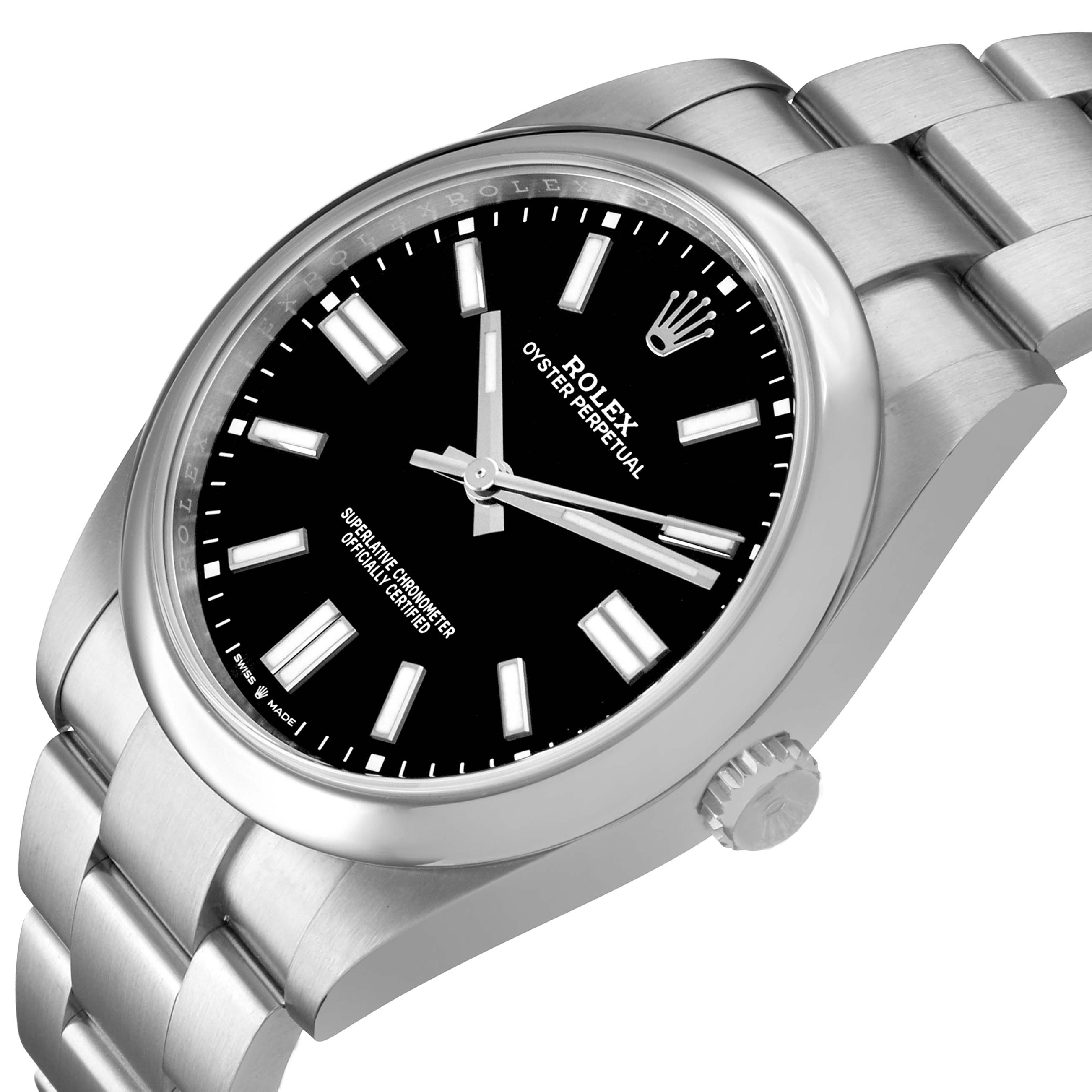 The Rolex Oyster Perpetual 7594Z726 Men's Stainless Steel Black Dial watch is shown at a slight angle, displaying the face, bezel, crown, and part of the bracelet.