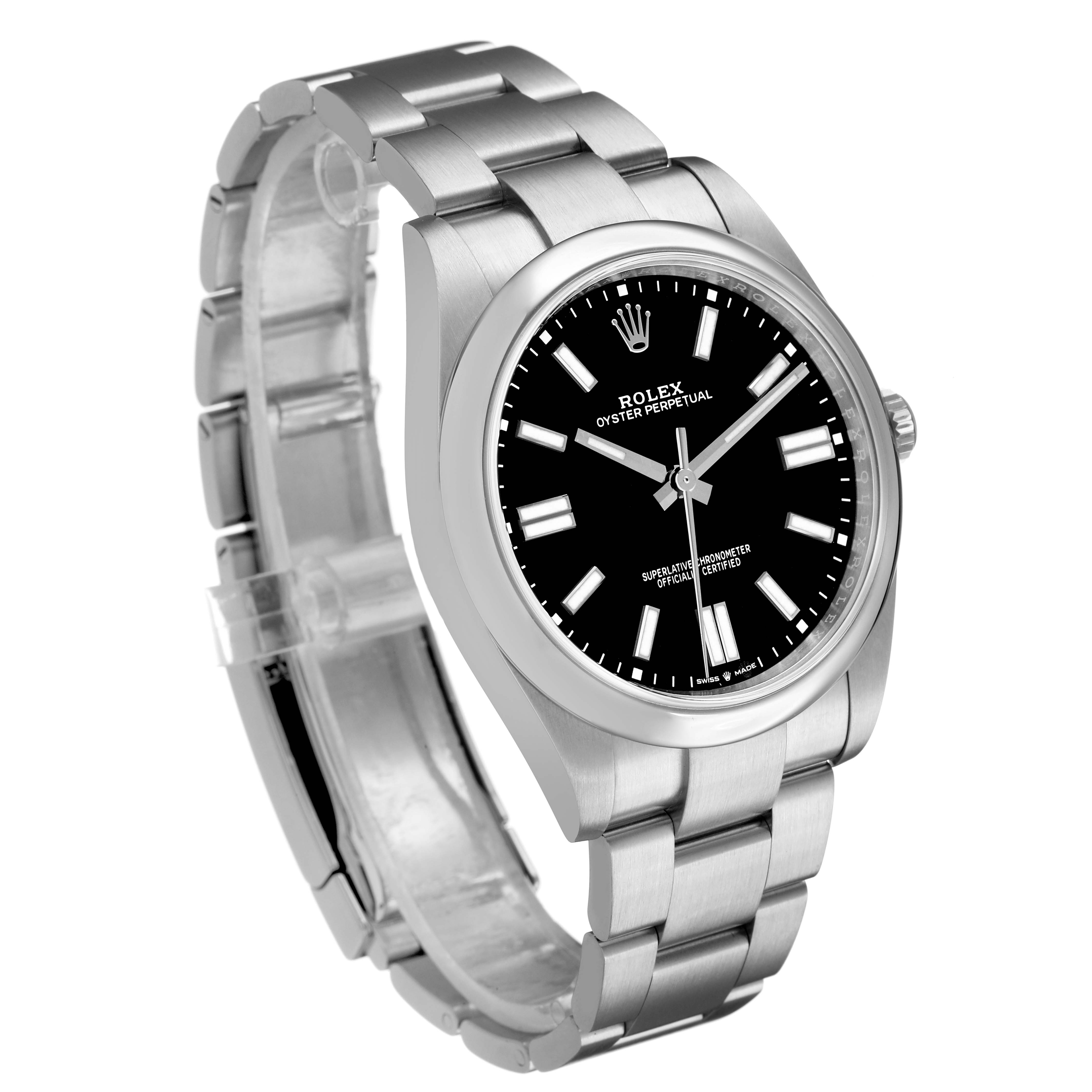 The image shows a Rolex Oyster Perpetual 7594Z726 Men's Stainless Steel Black Dial watch at a slight angled side view, highlighting the dial, case, and bracelet.