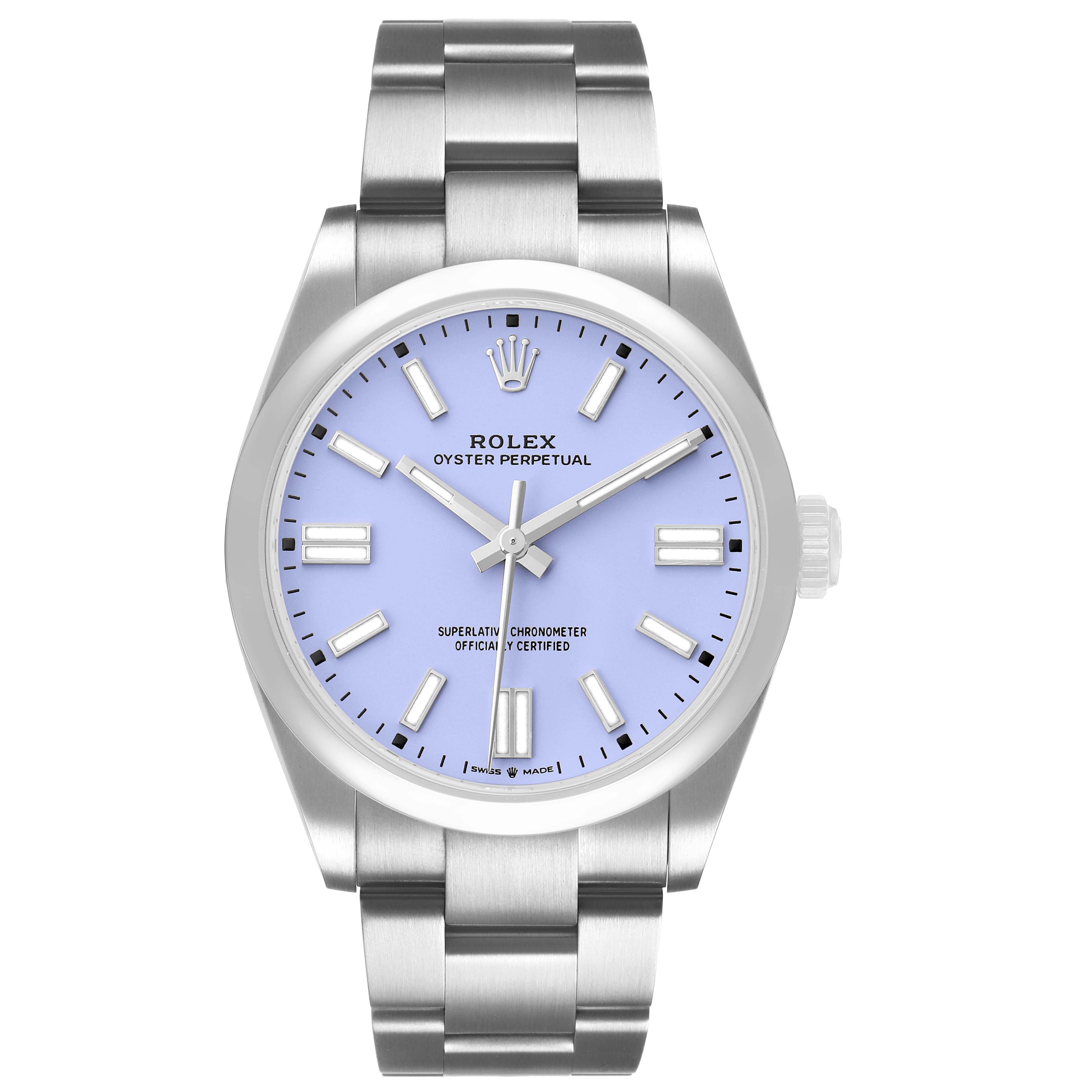 The Rolex Oyster Perpetual 134300 Men's Stainless Steel Blue Dial watch is shown from a straight-on angle, highlighting the face and bracelet.