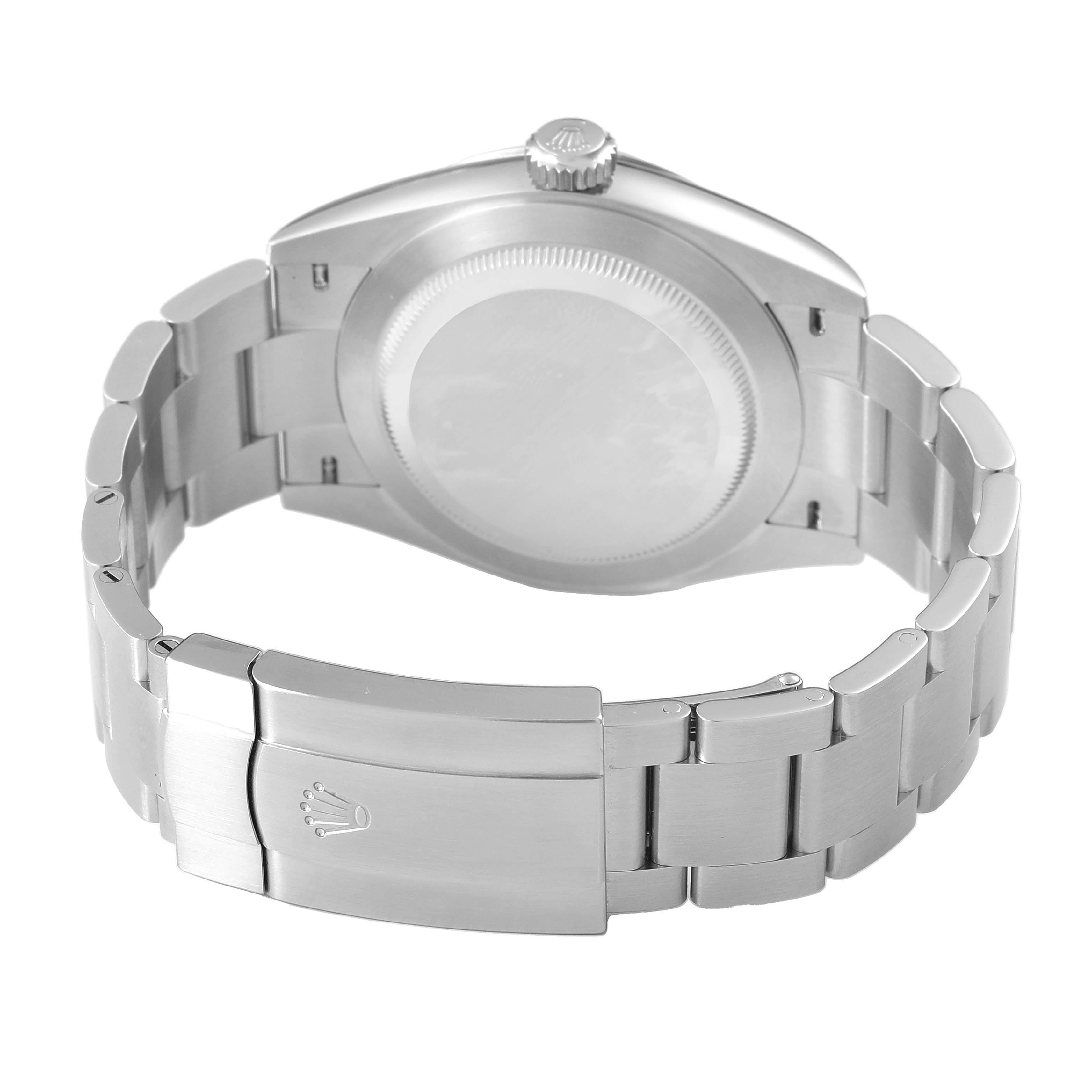 The image shows the back view of the Rolex Oyster Perpetual 134300 Men's Stainless Steel Blue Dial, highlighting the clasp, bracelet, and case back.