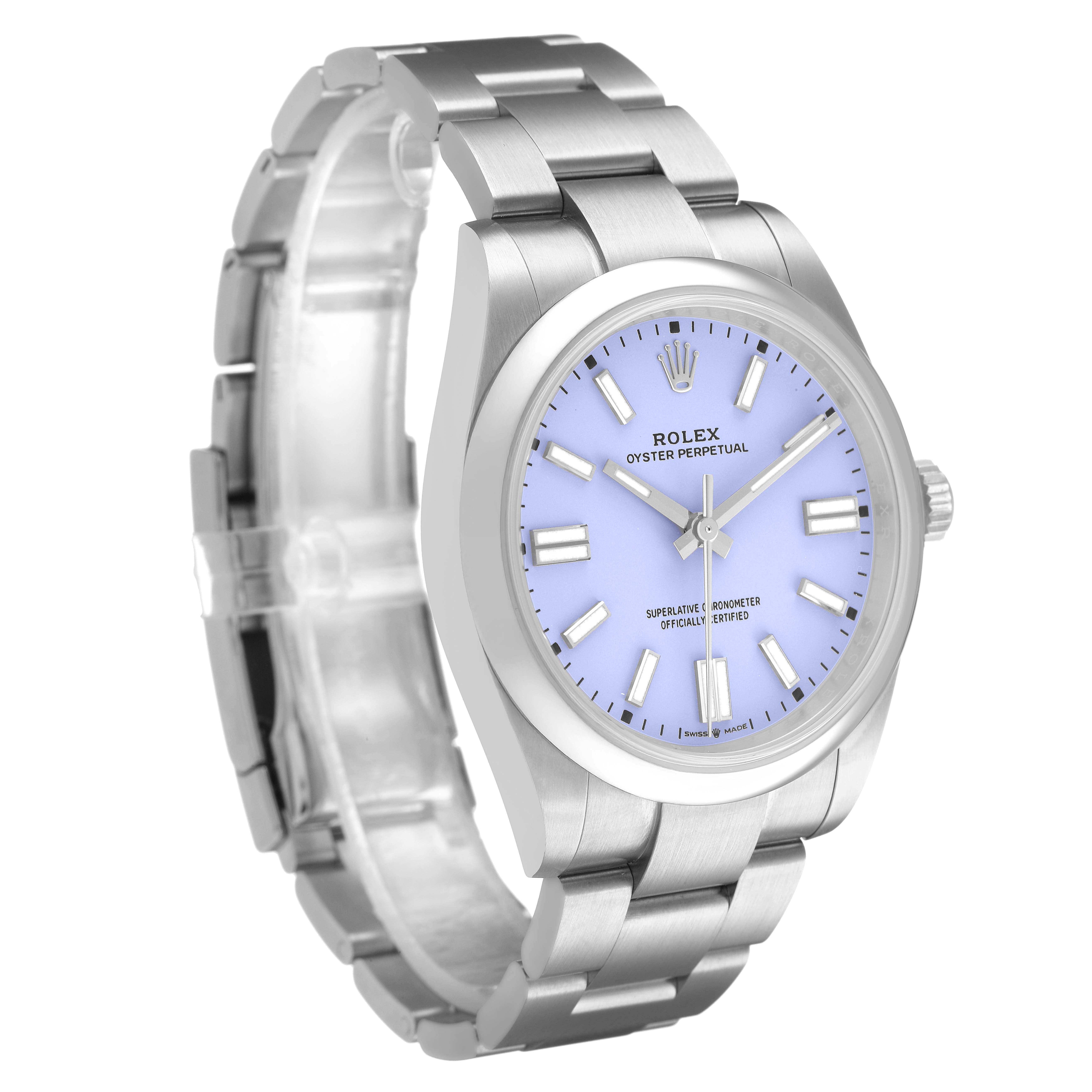 The Rolex Oyster Perpetual 134300 Men's Stainless Steel Blue Dial watch is shown at a three-quarter angle, highlighting the bracelet, case, and lavender dial.