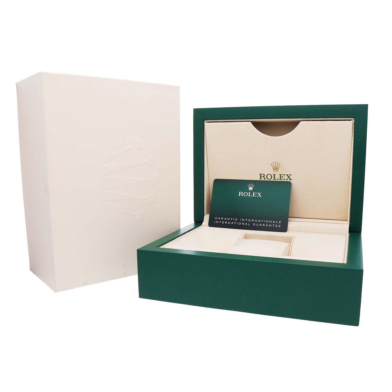 The image shows the packaging for a Rolex Oyster Perpetual 134300 Men's Stainless Steel Blue Dial, including the box and warranty card.