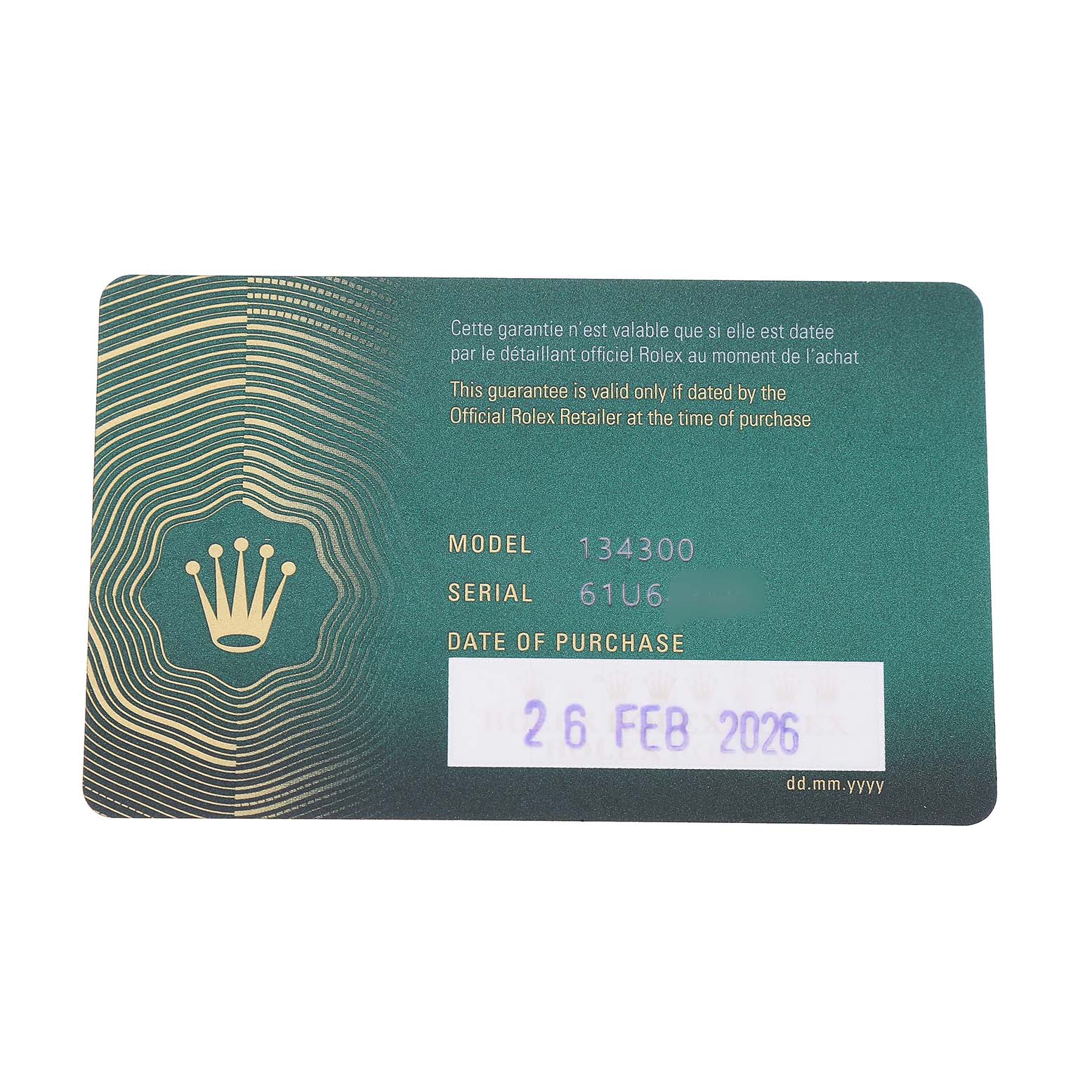 The image shows the warranty card for a Rolex Oyster Perpetual 134300 Men's Stainless Steel Blue Dial watch, displaying model, serial number, and purchase date.